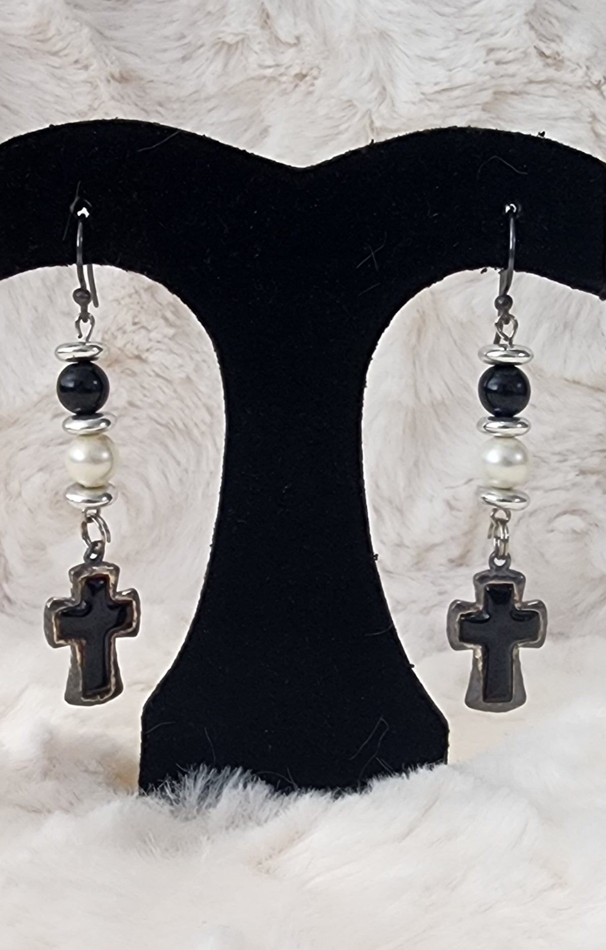 Sleek Whit, Black and Silver Cross Earrings