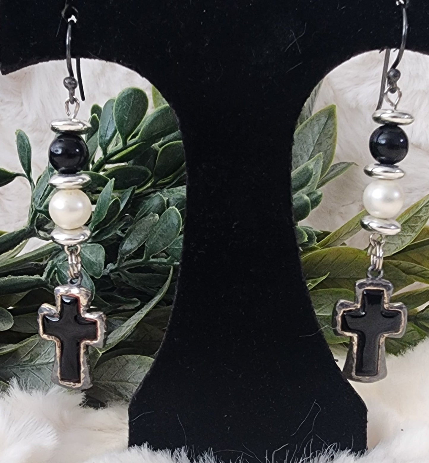 Sleek Whit, Black and Silver Cross Earrings
