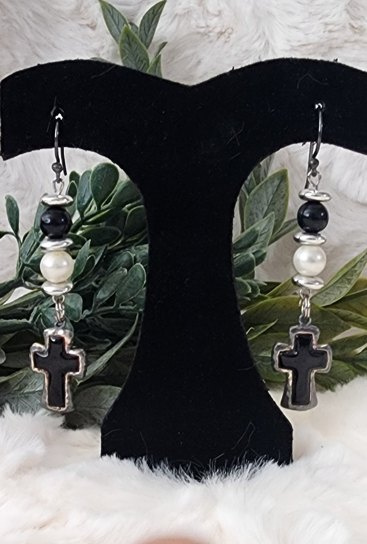 Sleek Whit, Black and Silver Cross Earrings