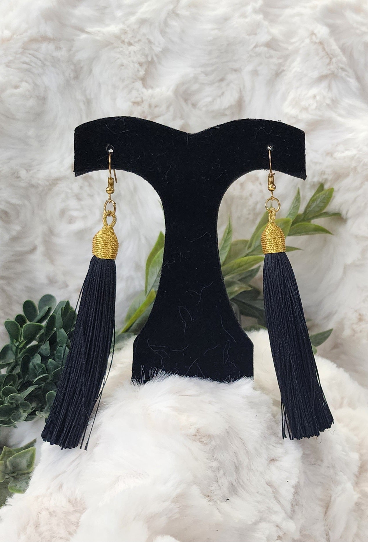 Long Gold and Black Tassel Earrings
