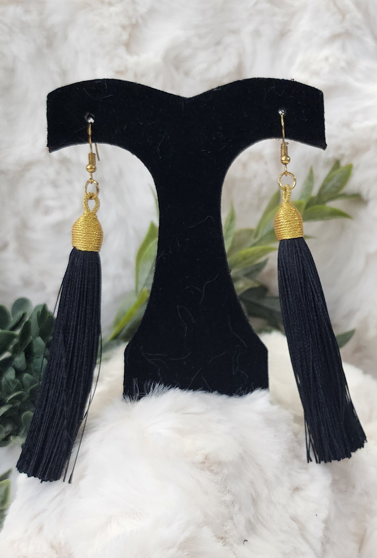 Long Gold and Black Tassel Earrings