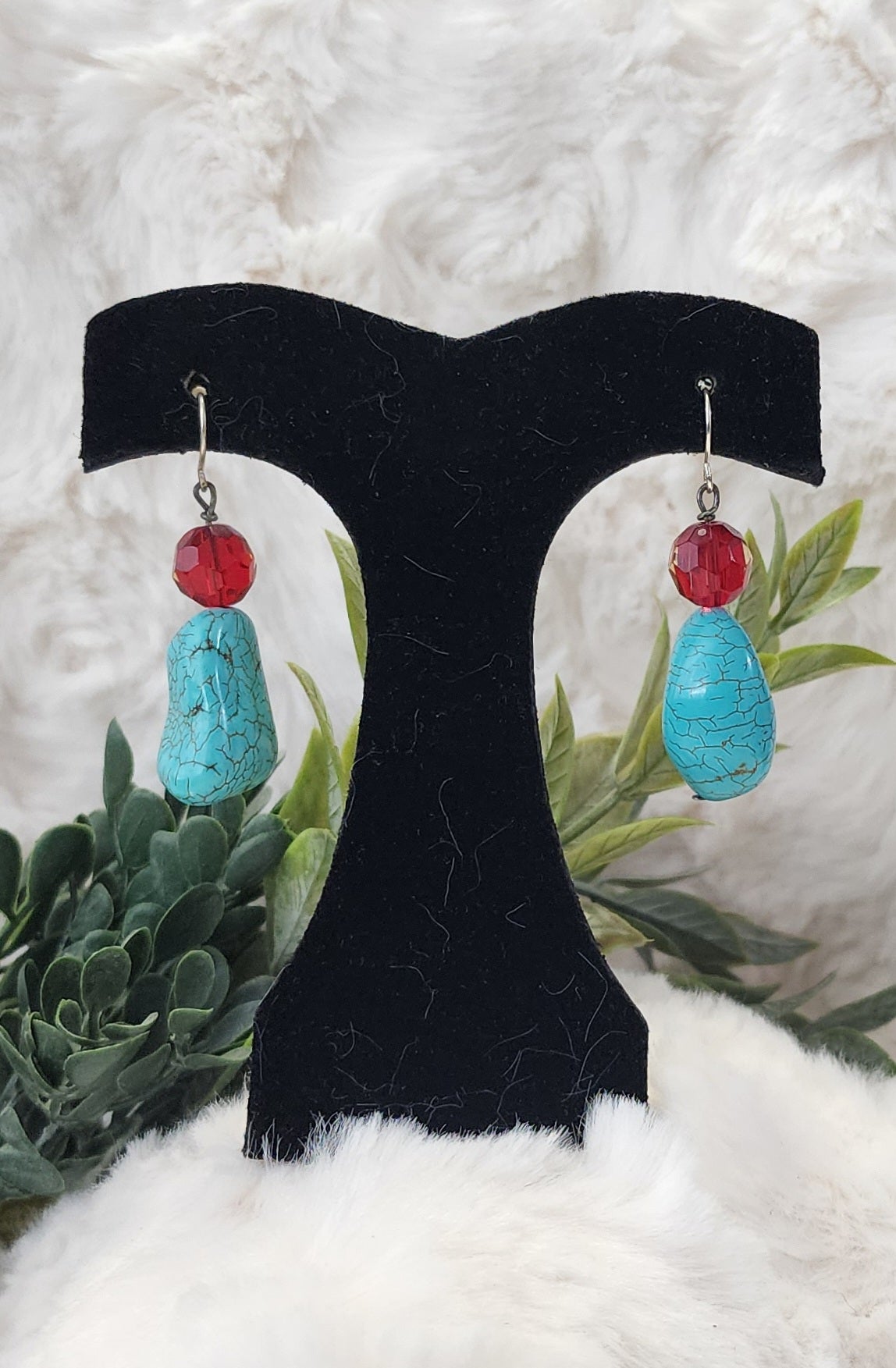 Turquoise and Red Bead Earrings