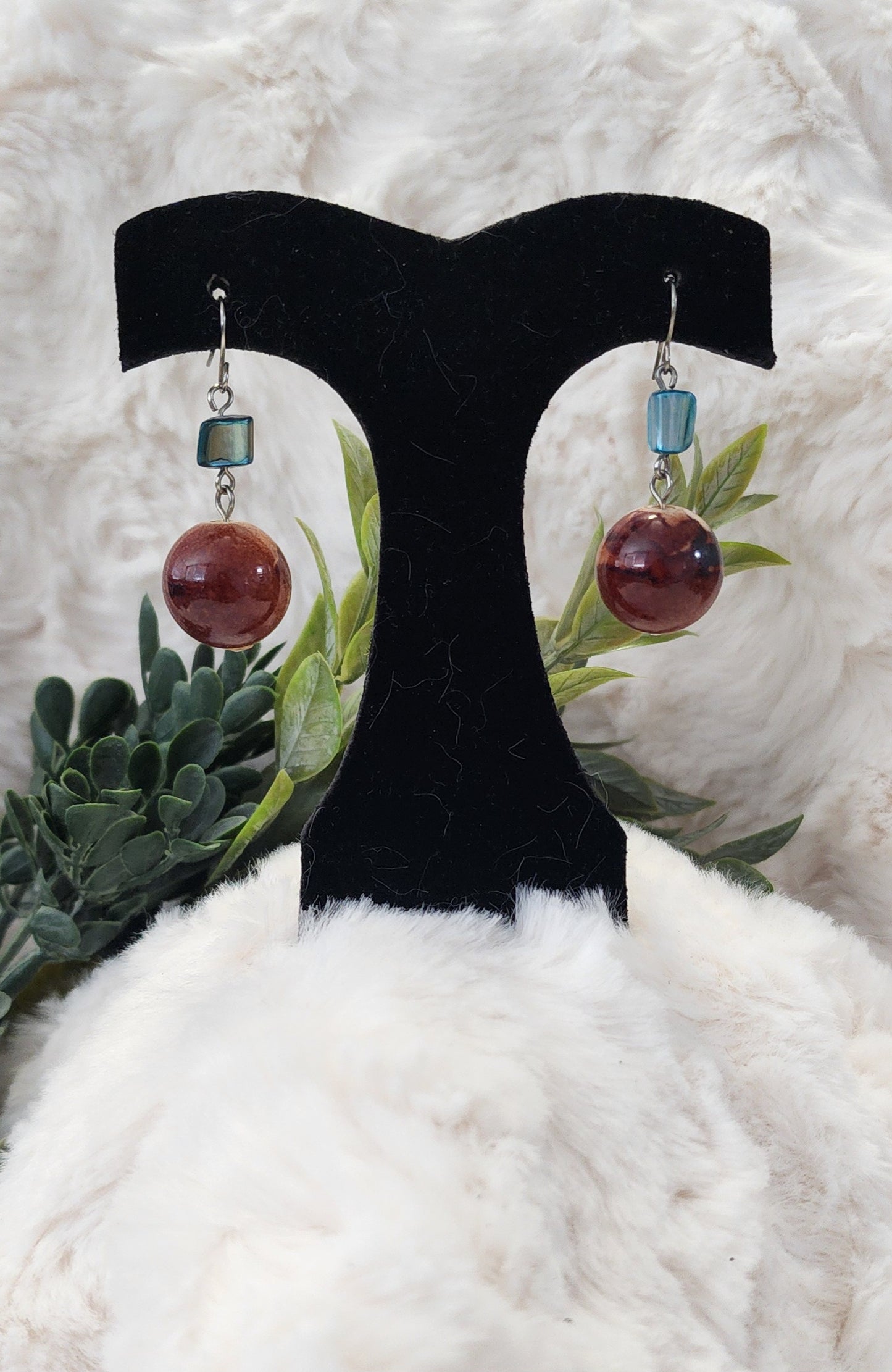 Blue and Brown Beaded Earrings