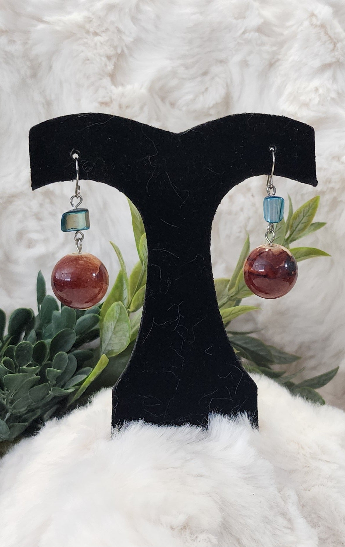 Blue and Brown Beaded Earrings