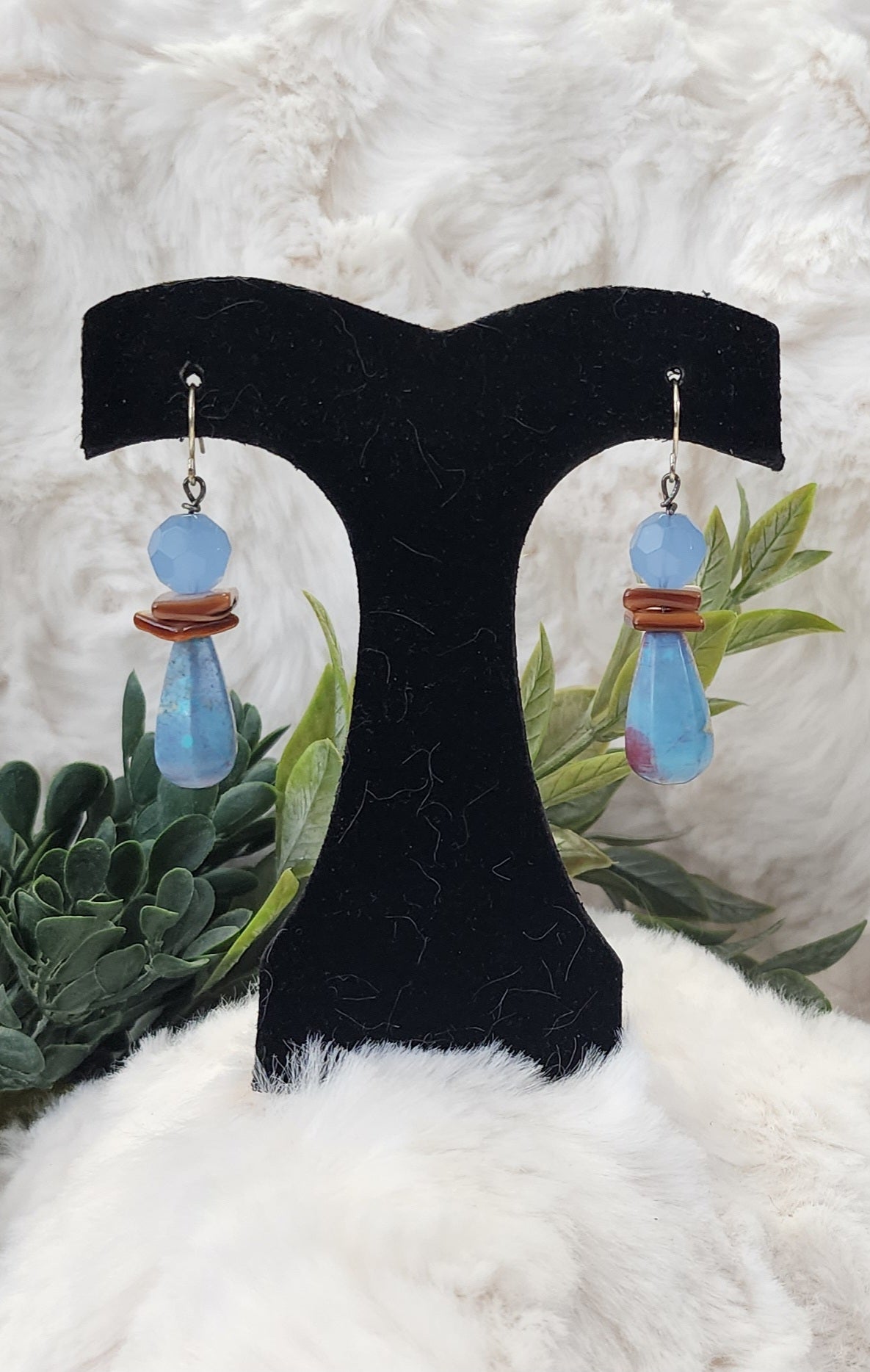 Blue Stone and Bead with Brown Accented Earrings