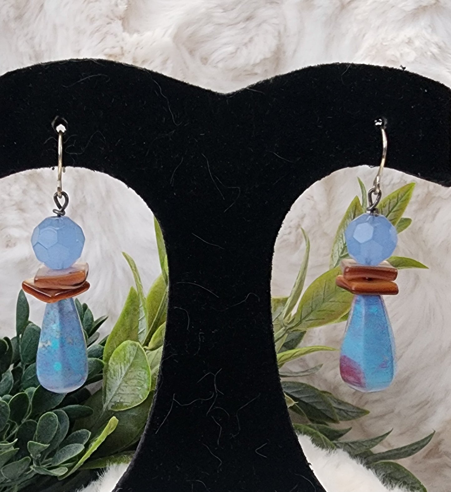 Blue Stone and Bead with Brown Accented Earrings
