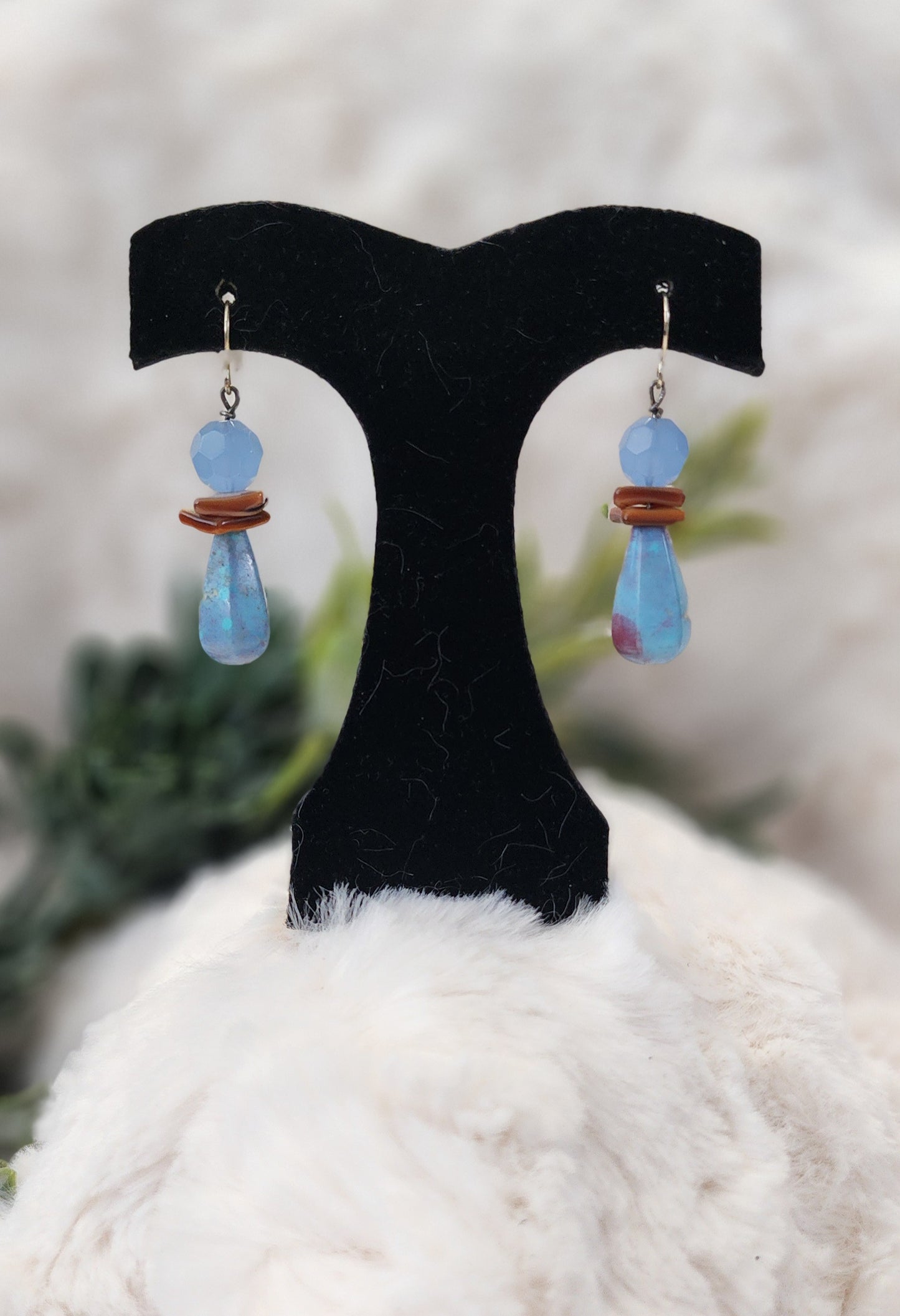 Blue Stone and Bead with Brown Accented Earrings