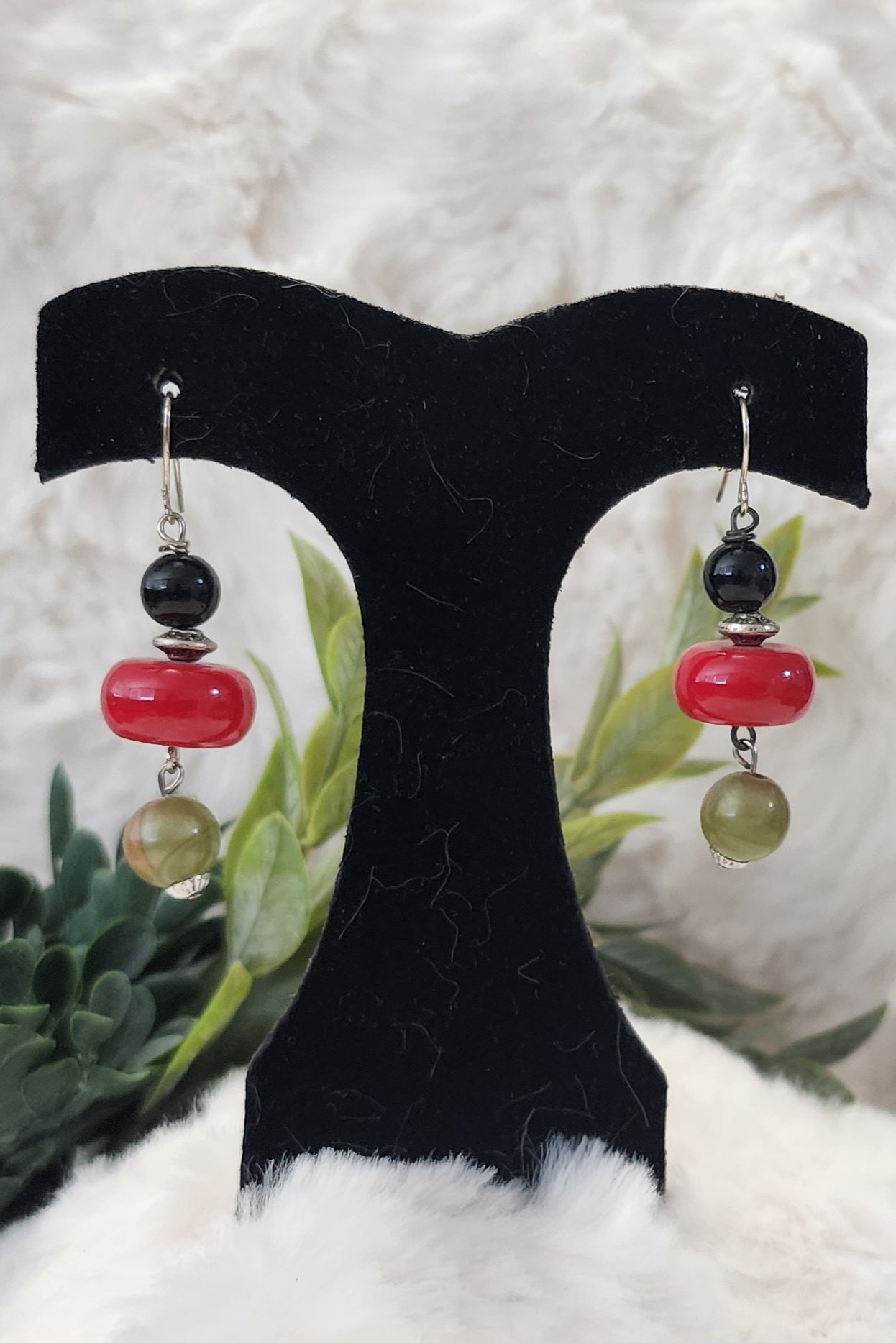 Black, Red and Olive Green with Silver Accented Beaded Earrings