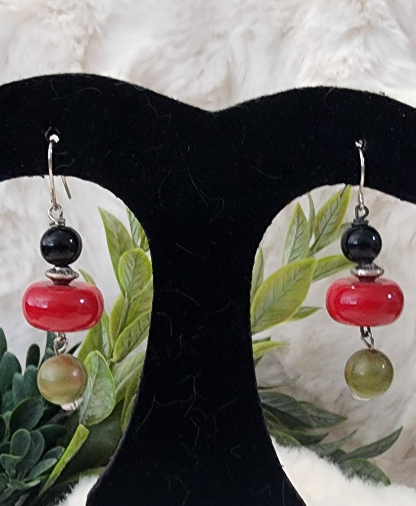 Black, Red and Olive Green with Silver Accented Beaded Earrings