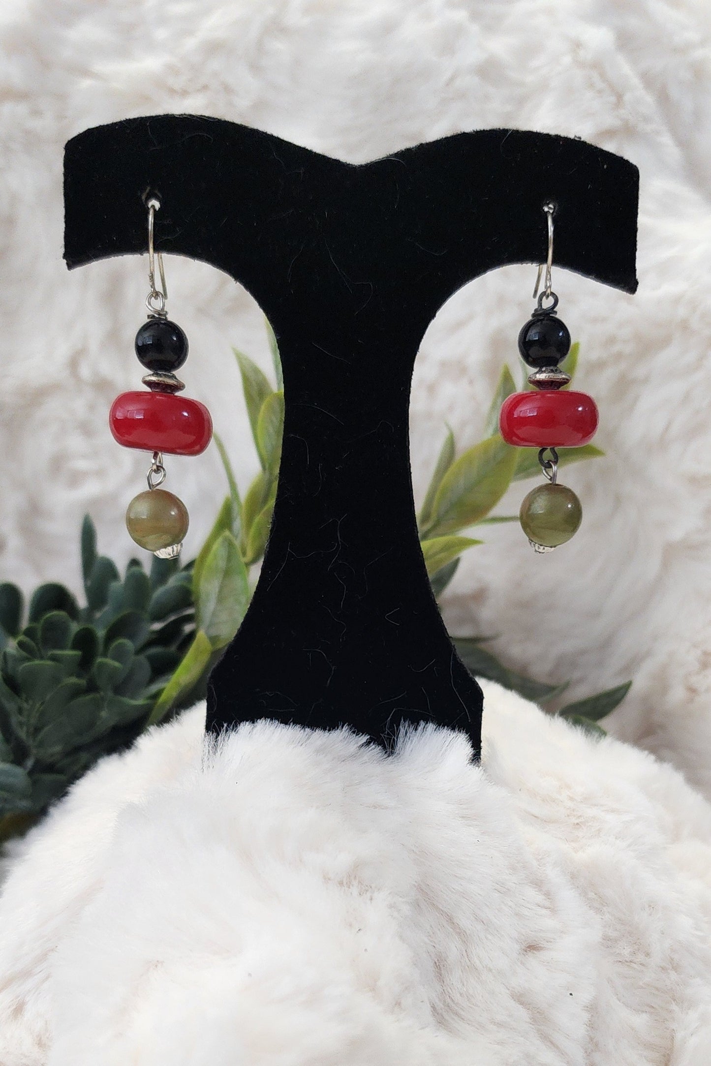 Black, Red and Olive Green with Silver Accented Beaded Earrings