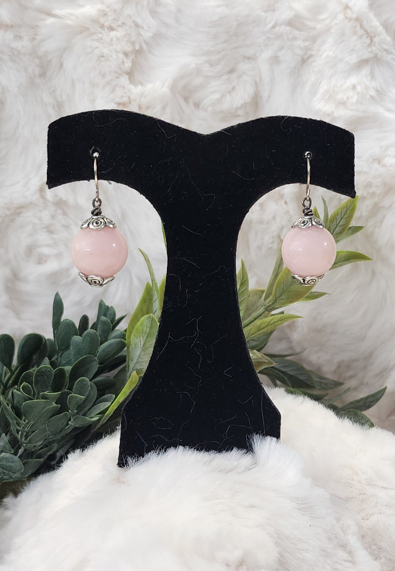 Pastel Pink Beaded Earrings with Silver Accents