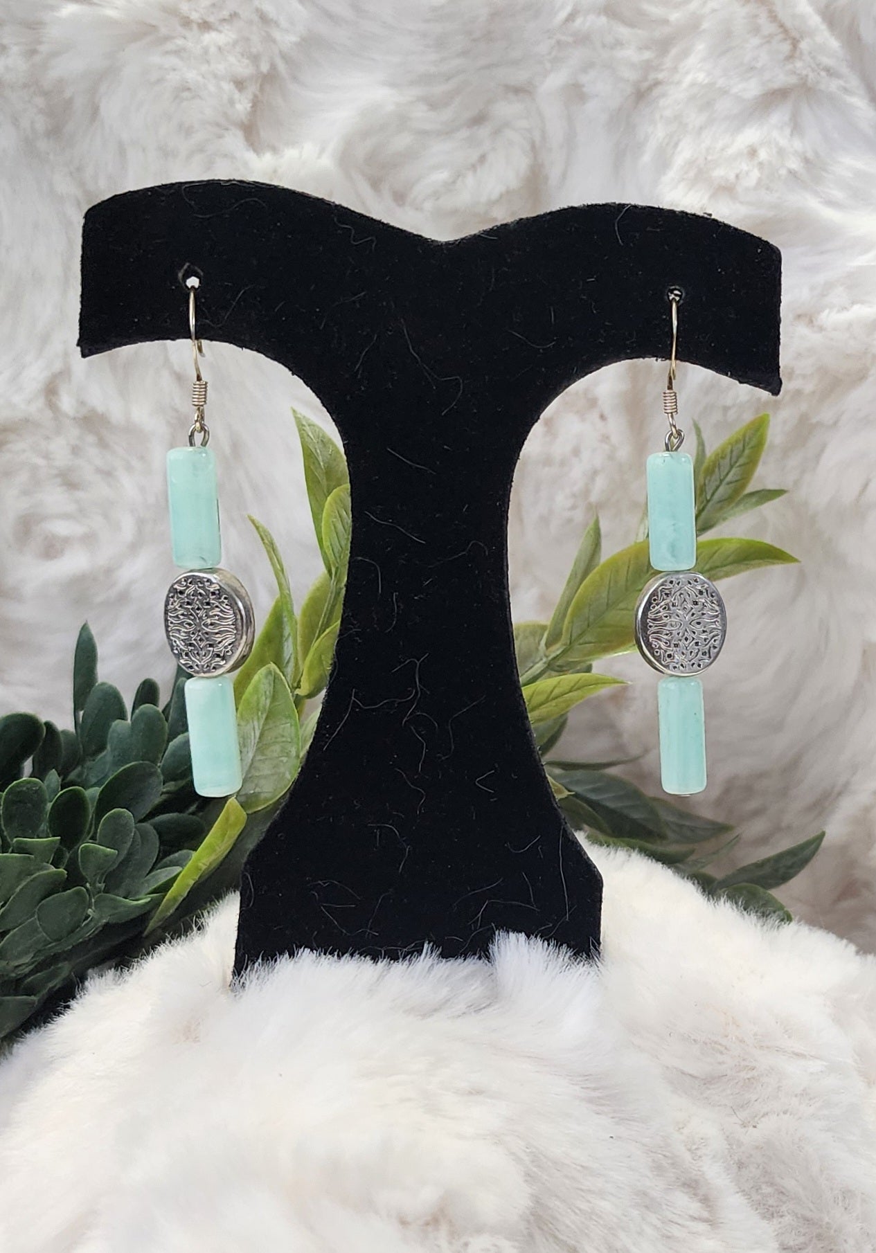Sea Green and Silver-Colored Beaded Earrings