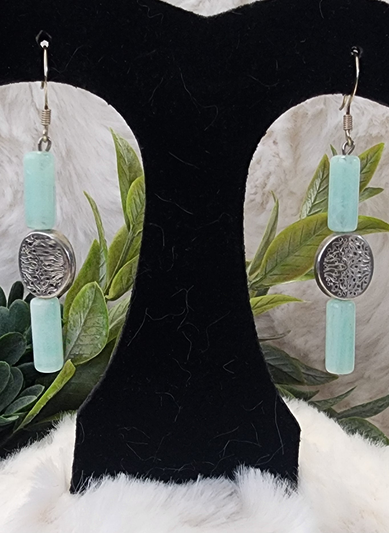 Sea Green and Silver-Colored Beaded Earrings