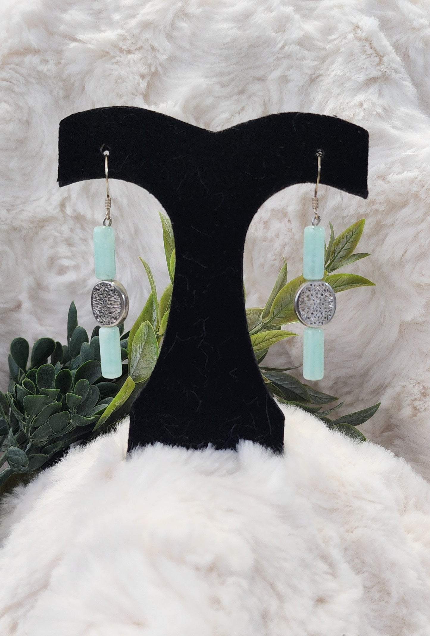 Sea Green and Silver-Colored Beaded Earrings