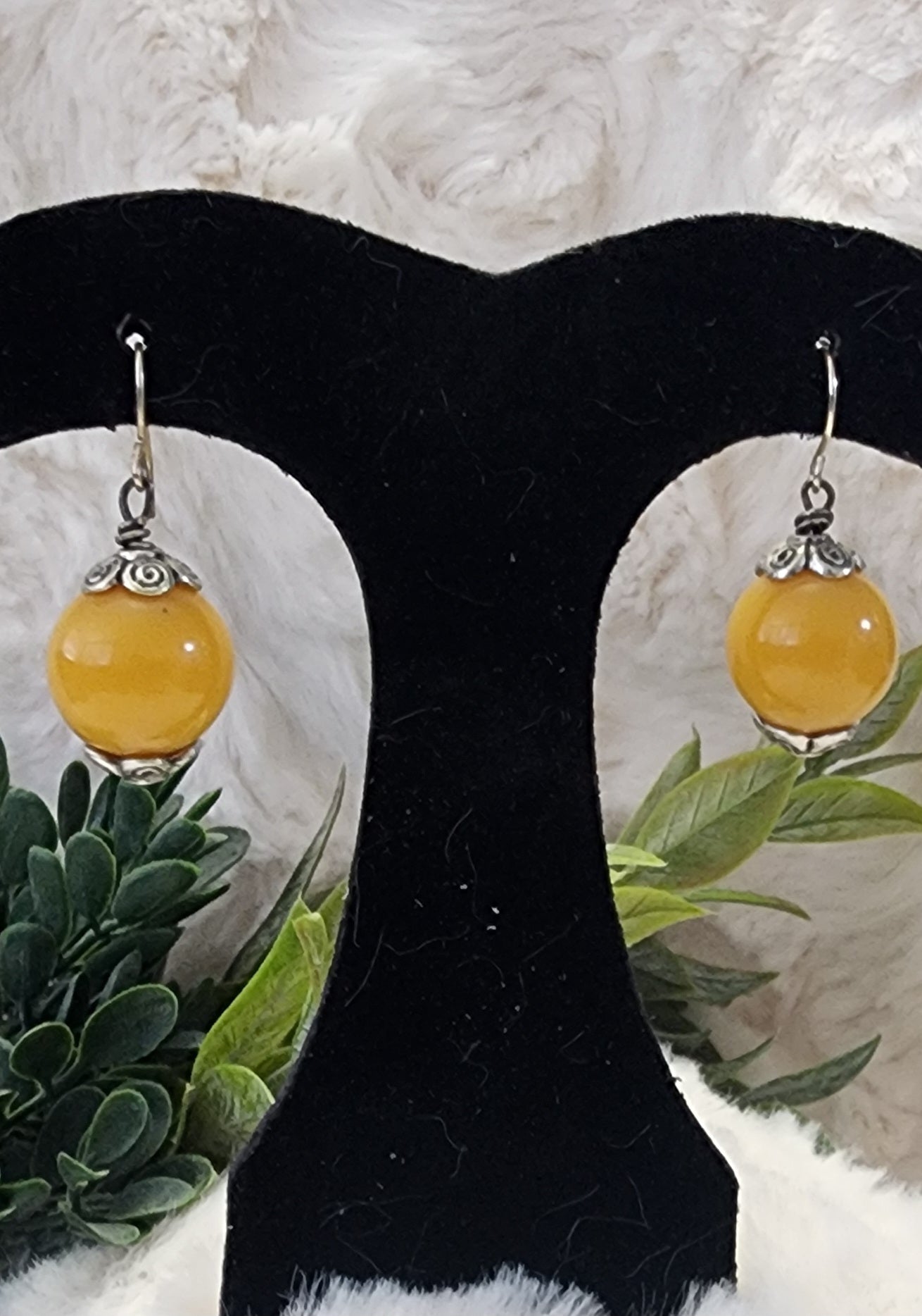 Mustard Yellow Beaded Earrings with Silver Accents