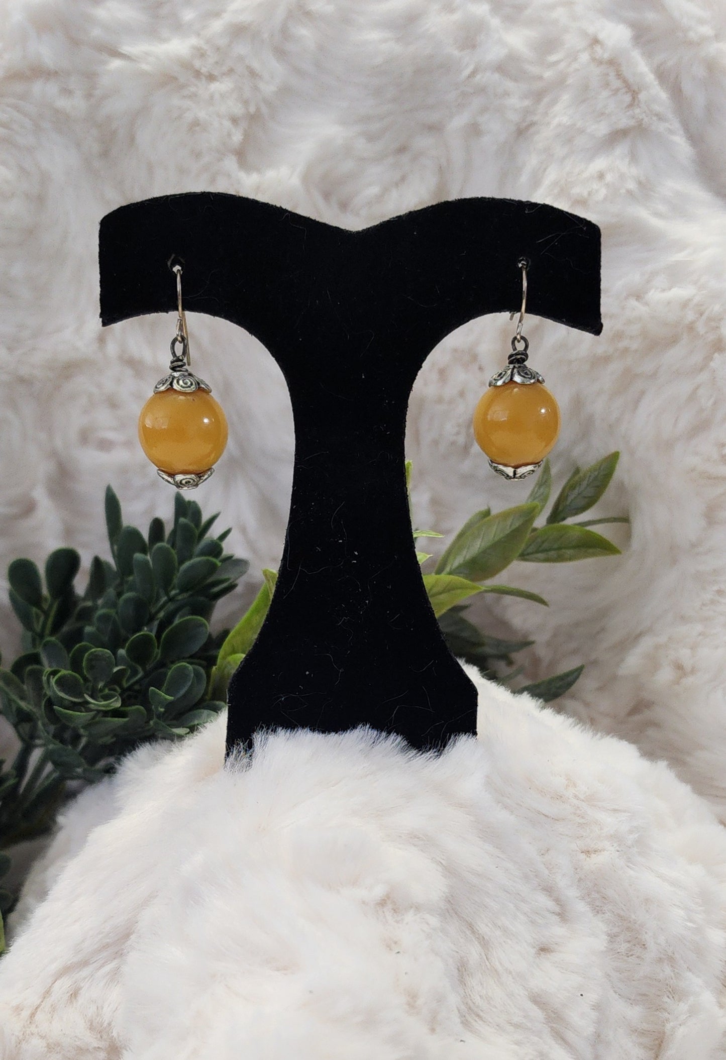 Mustard Yellow Beaded Earrings with Silver Accents