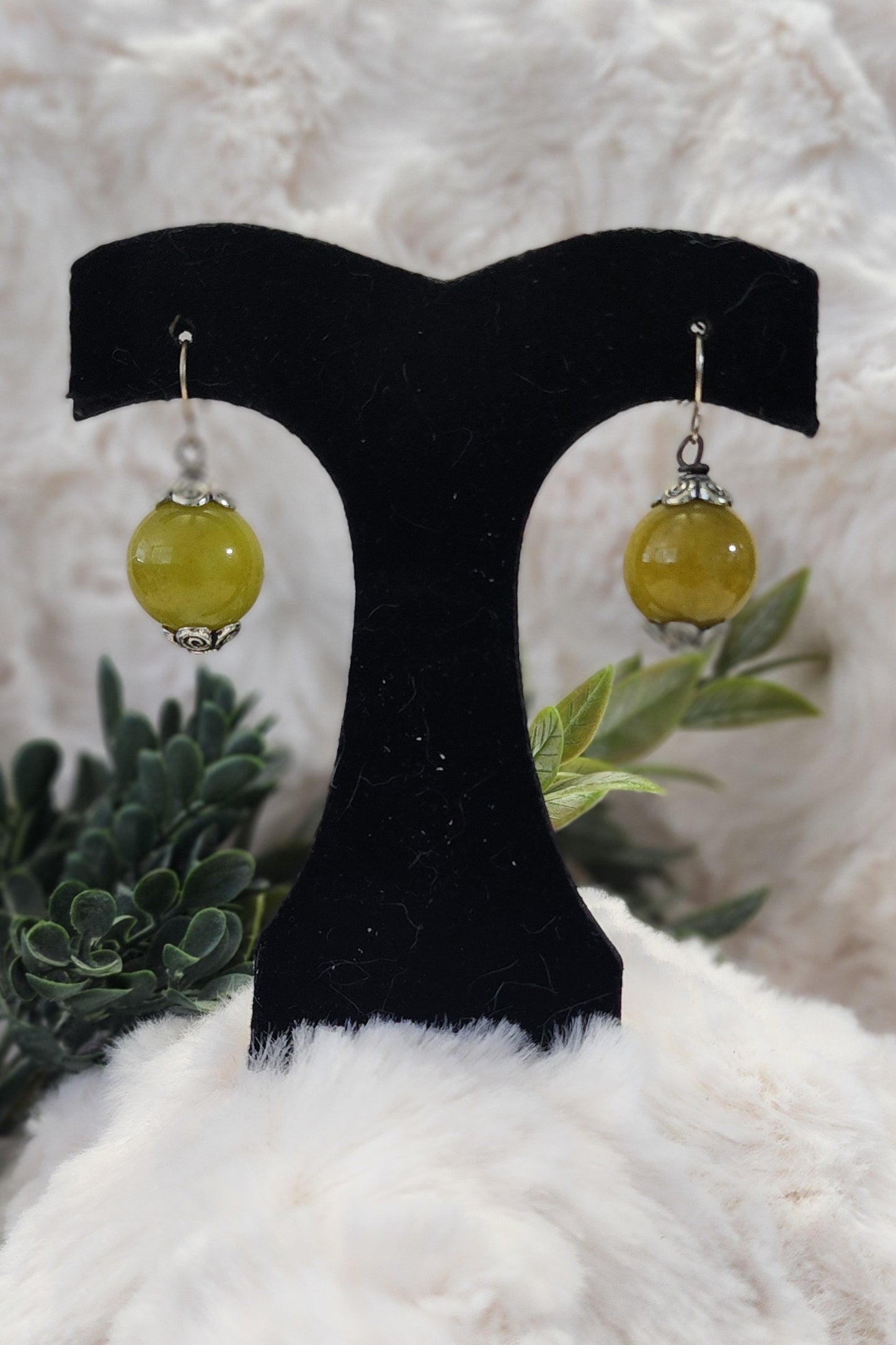 Olive Green Beaded Earrings with Silver Accents