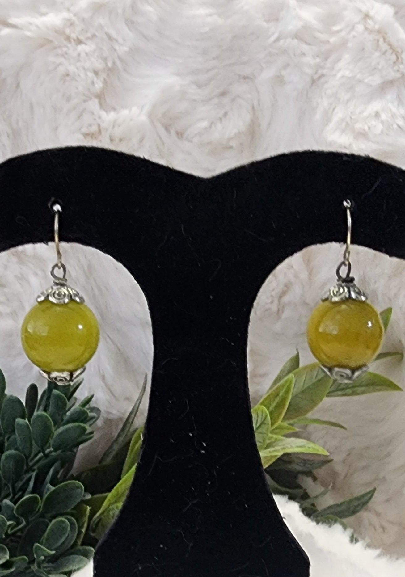 Olive Green Beaded Earrings with Silver Accents