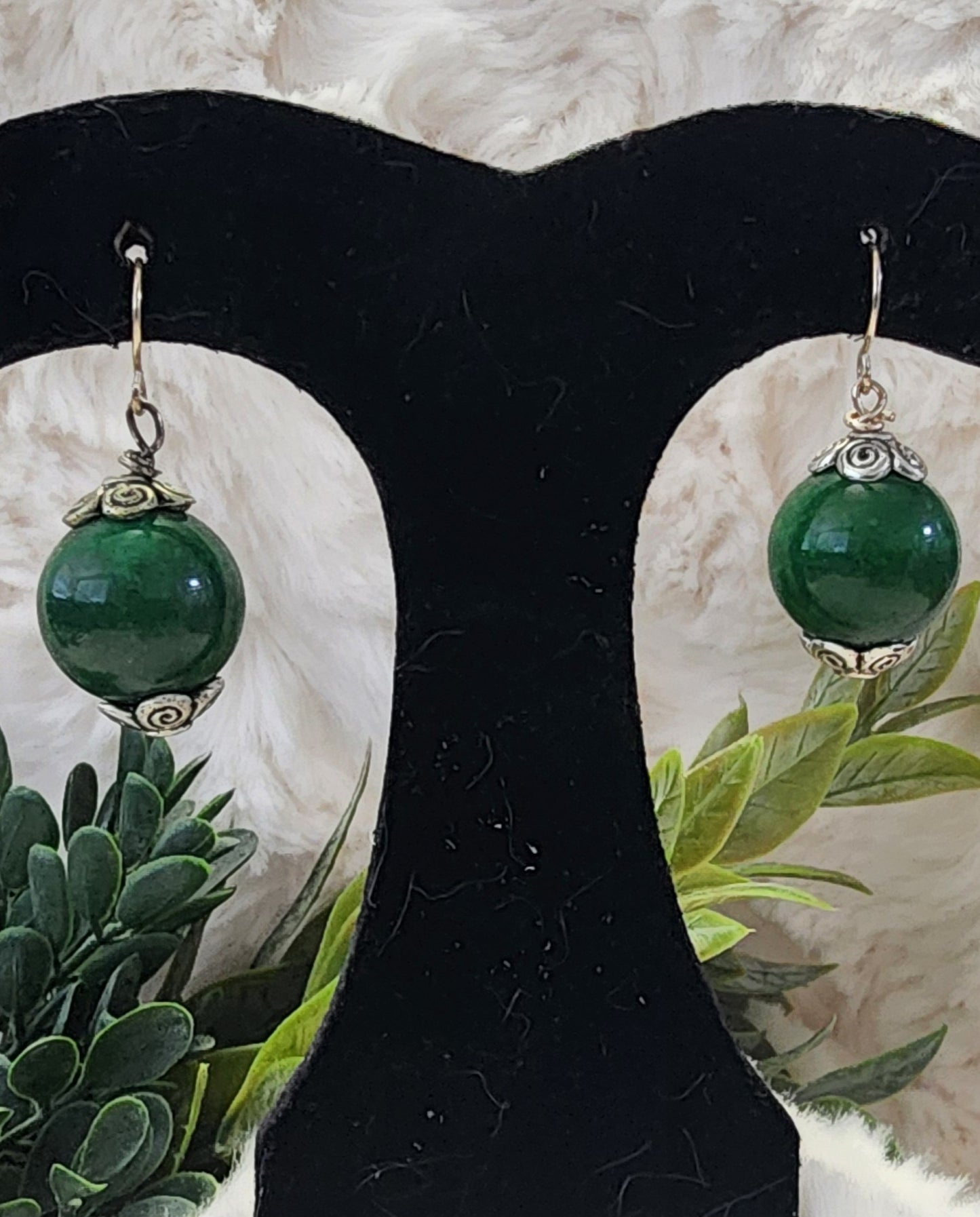 Green Beaded Silver Accented Earrings