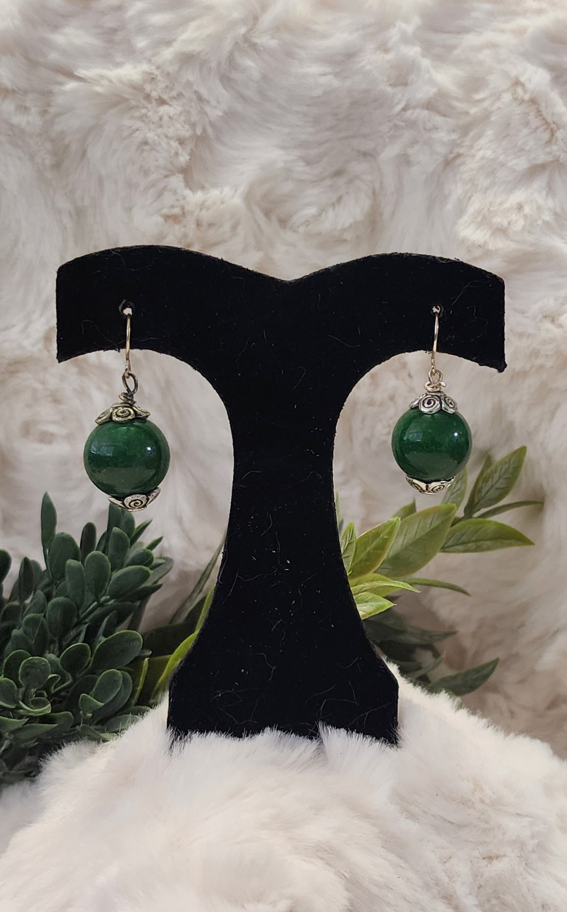 Green Beaded Silver Accented Earrings