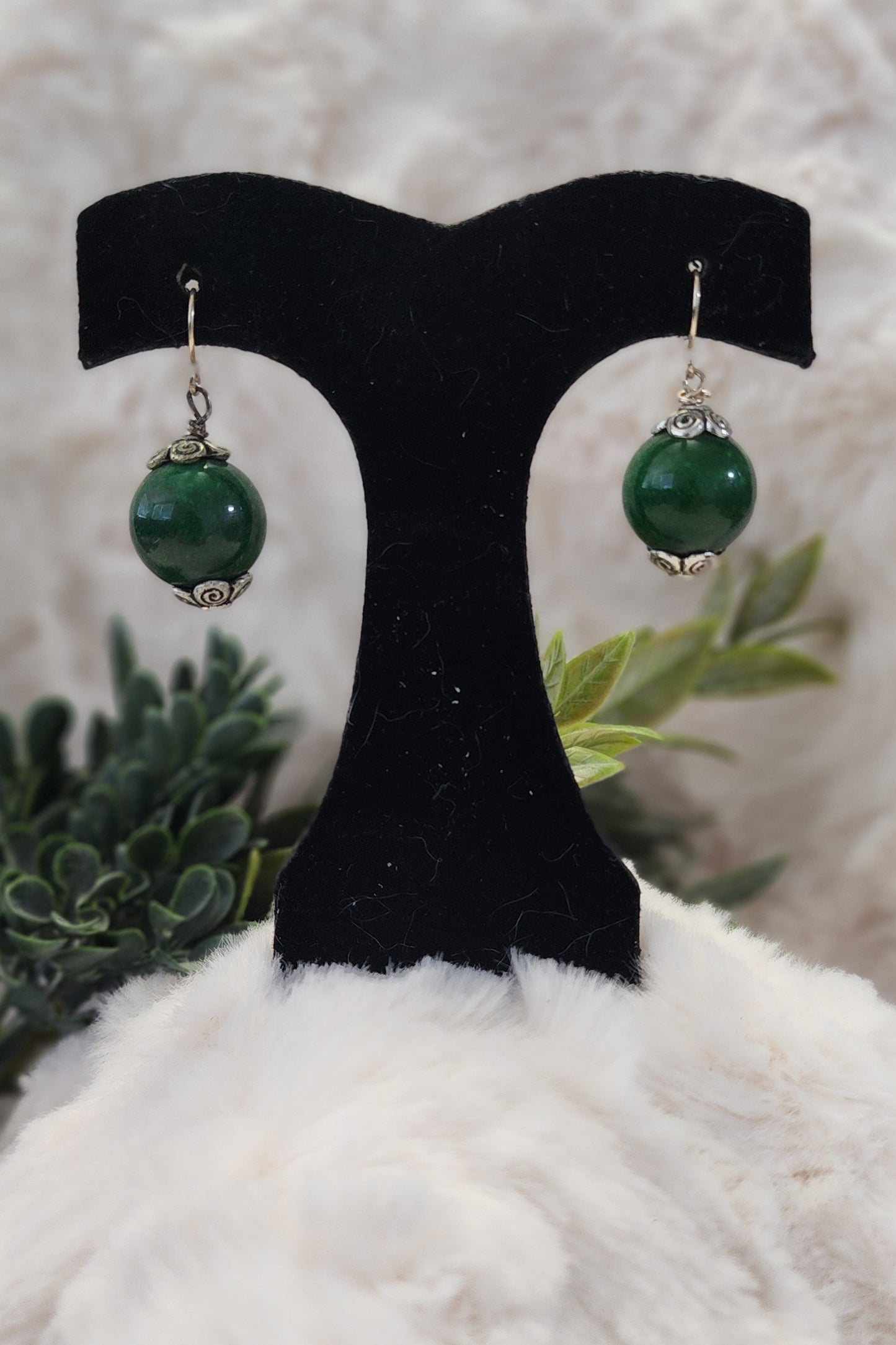 Green Beaded Silver Accented Earrings