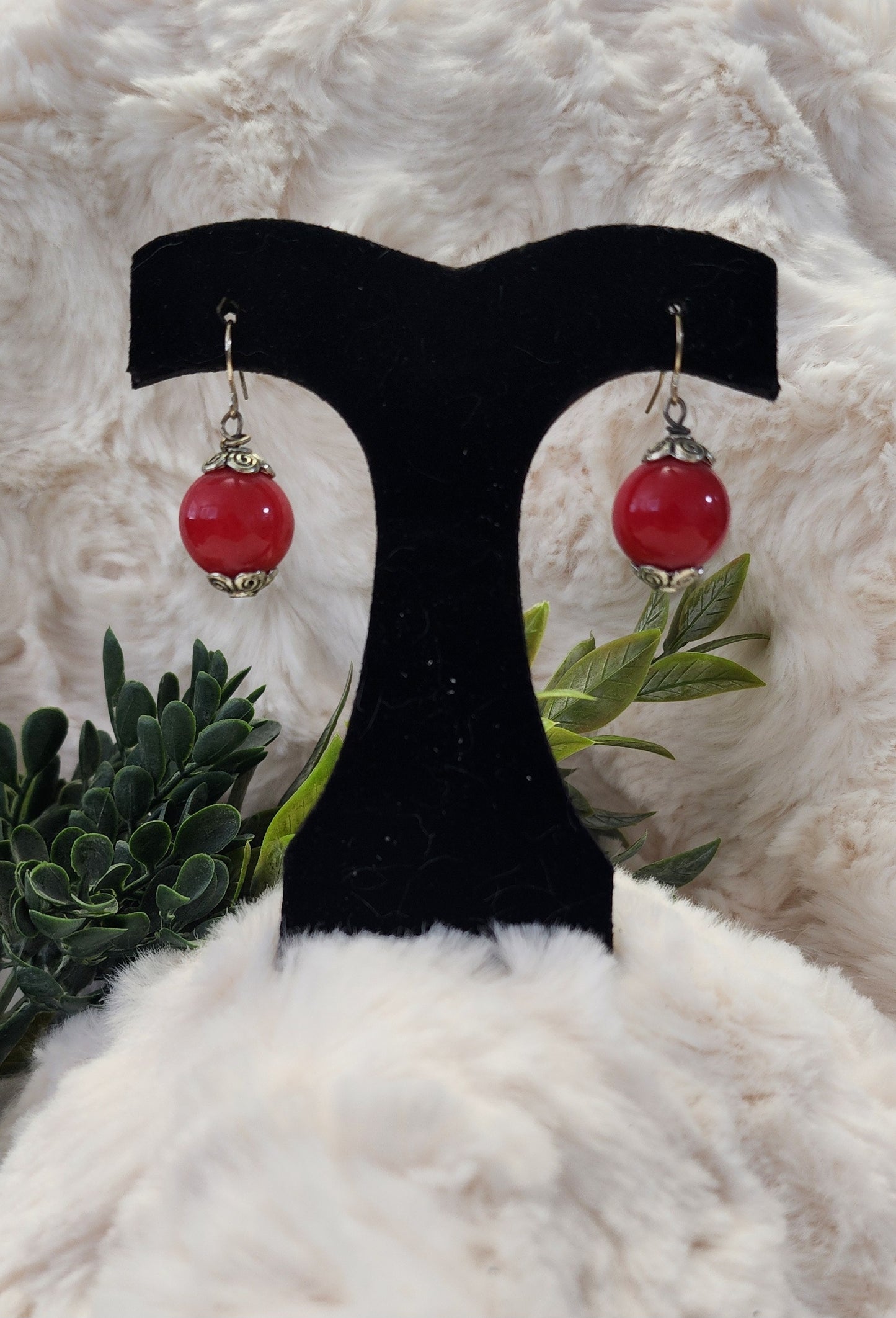 Red Bead Silver Accented Earrings