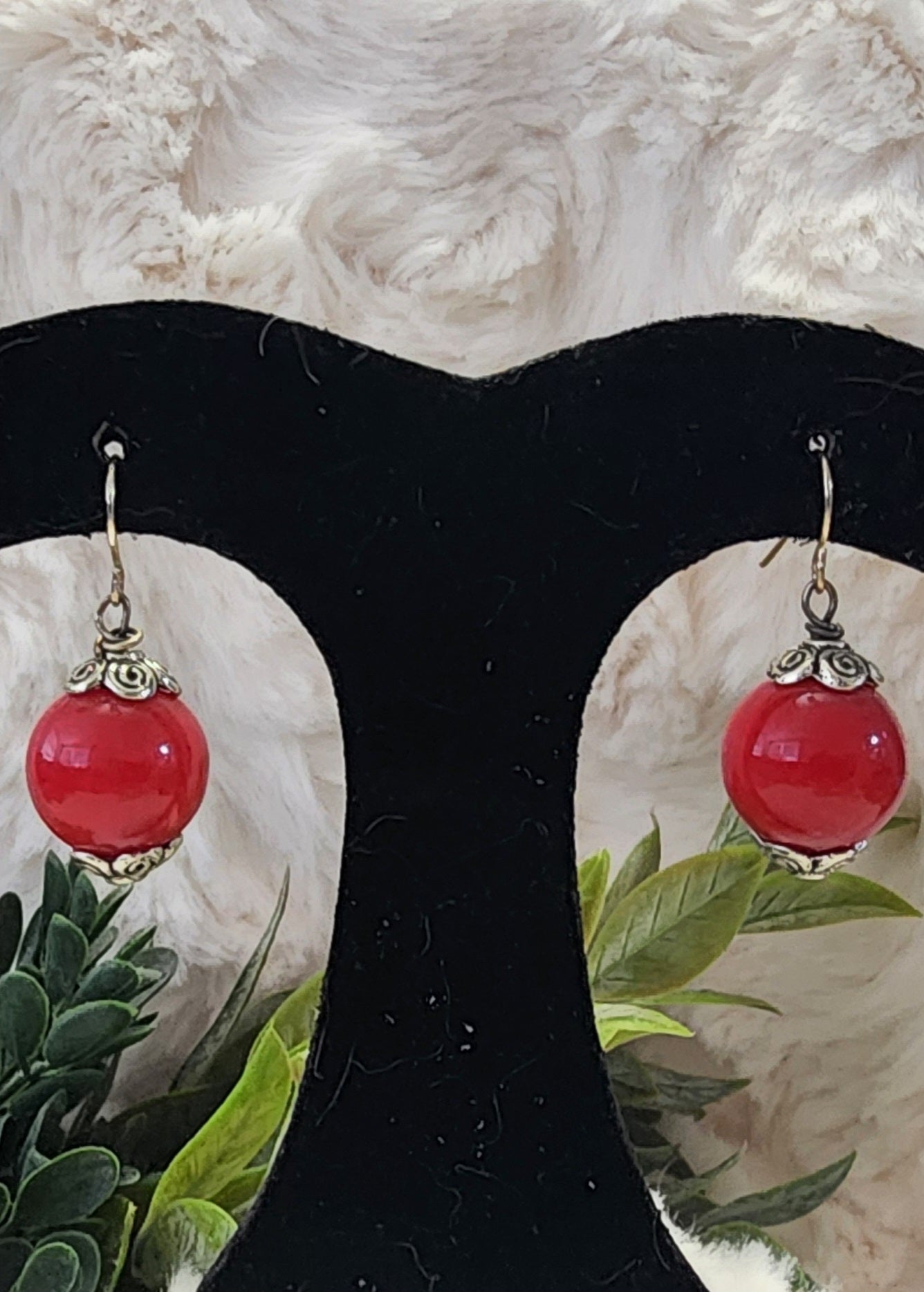 Red Bead Silver Accented Earrings