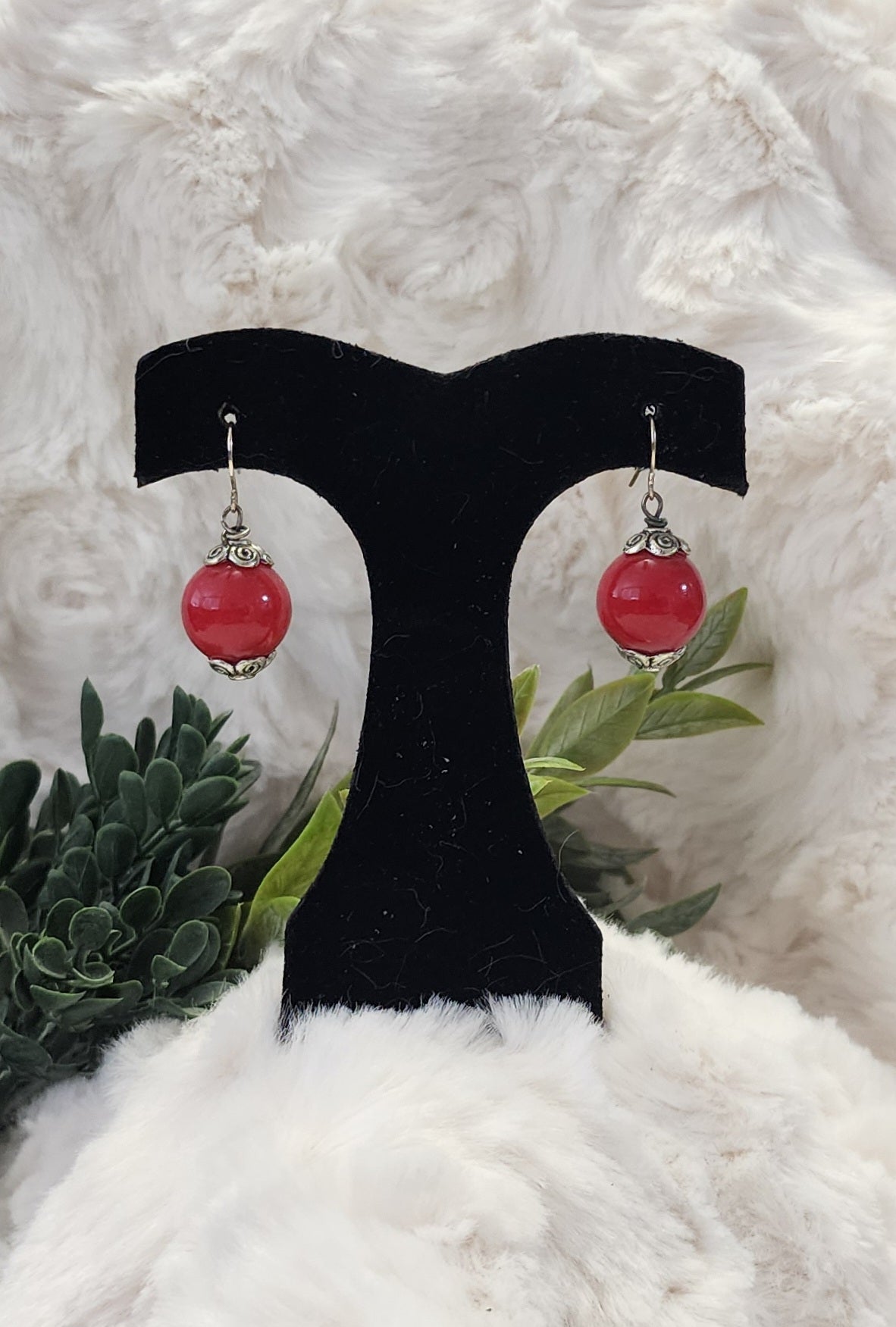 Red Bead Silver Accented Earrings