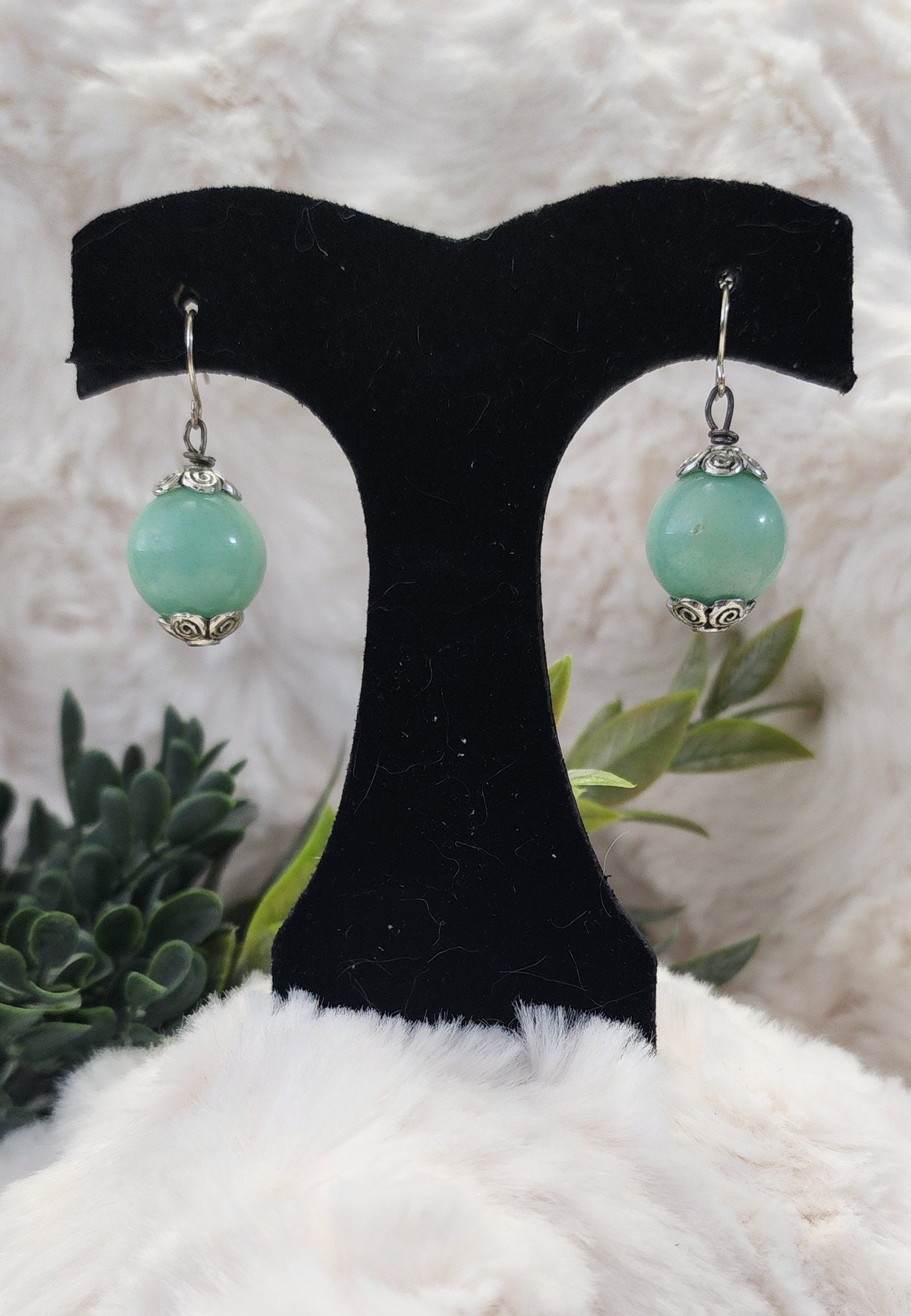 Sea Green Beaded Earrings with Silver Accents