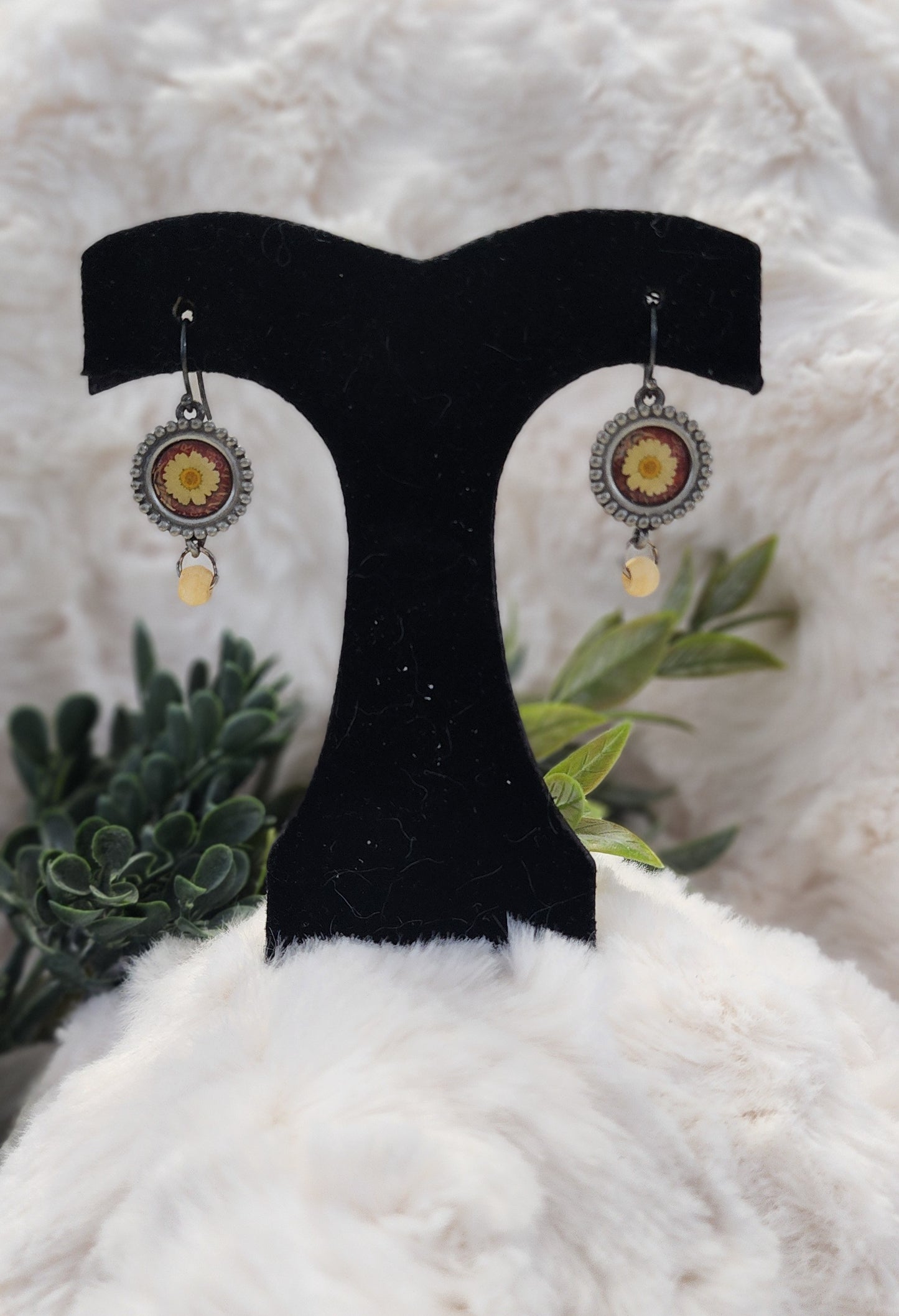Vintage Yellow Flower and Wooden Bead Earrings