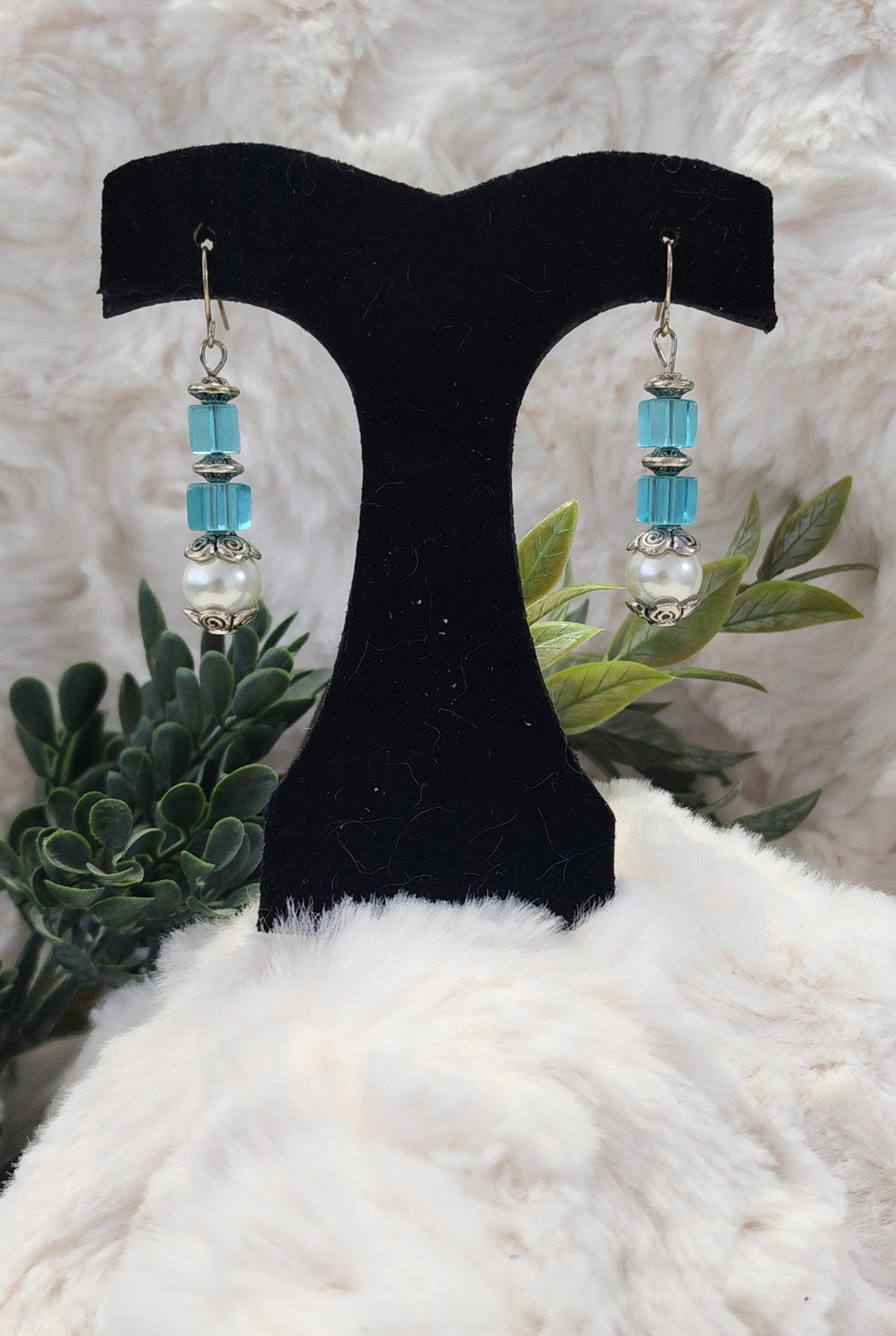 Blue and Pearl Silver Accented Earrings