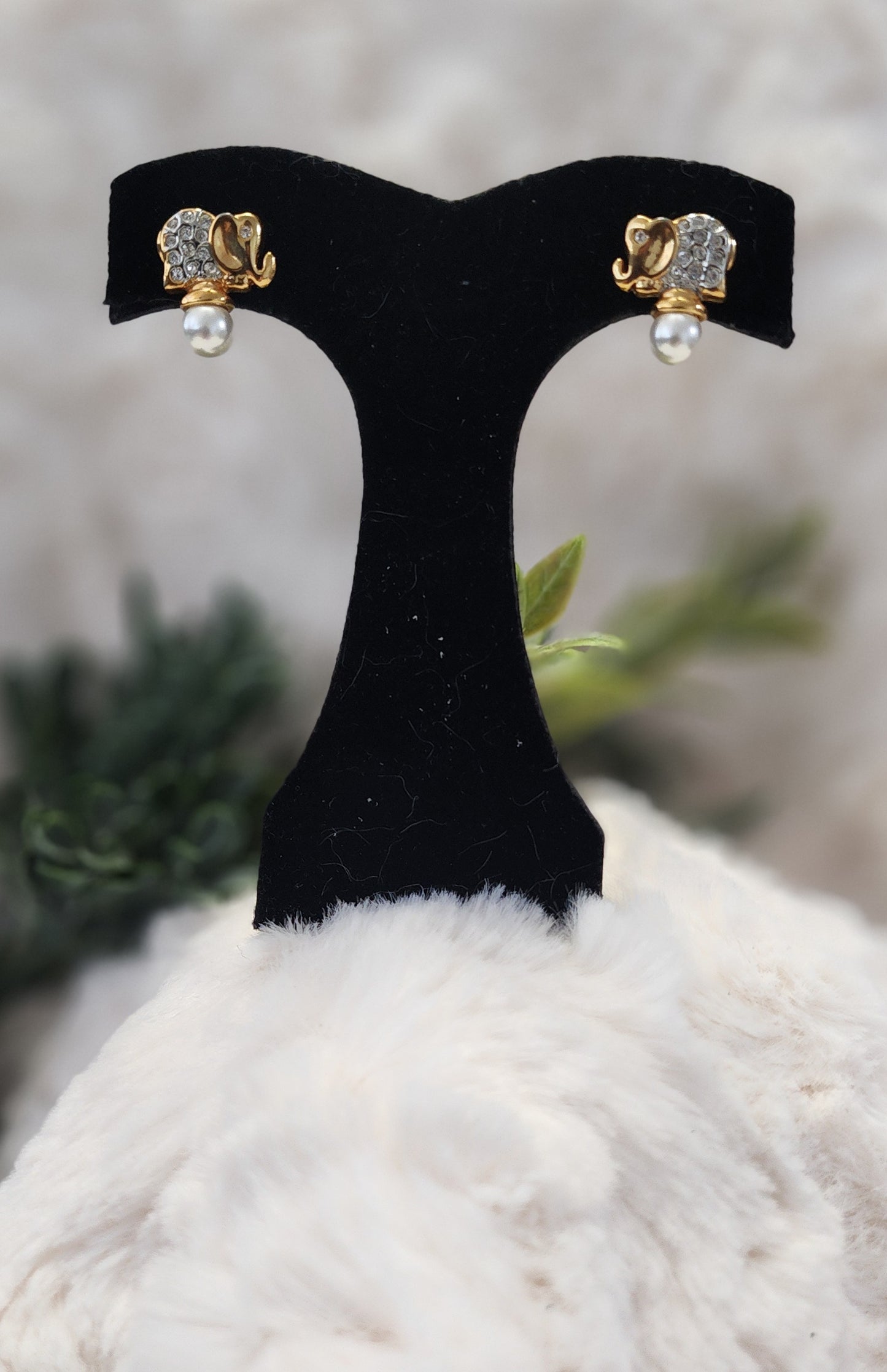 Golden Elephant Stud Earrings with Rhinestones and Pearls