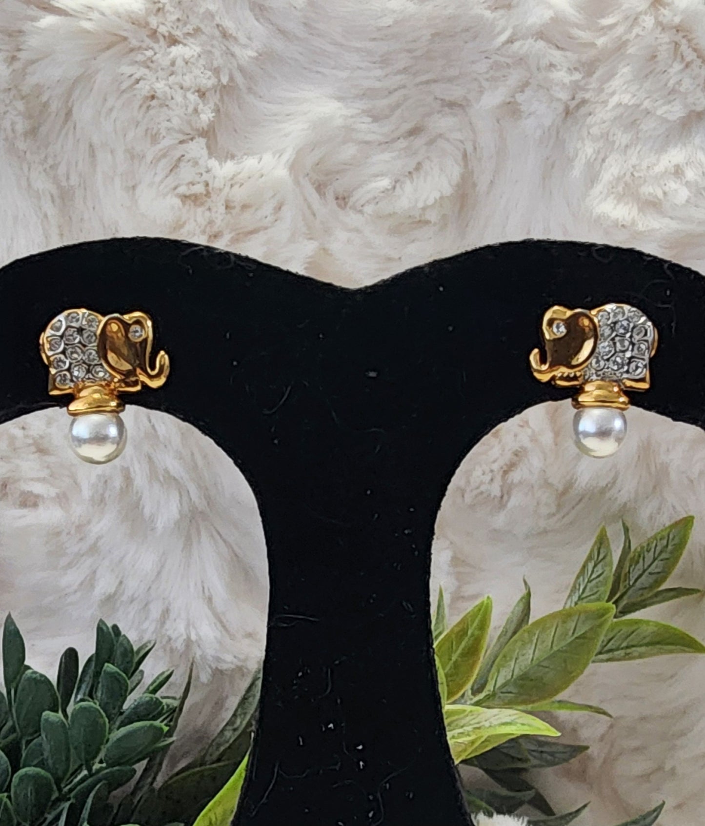 Golden Elephant Stud Earrings with Rhinestones and Pearls