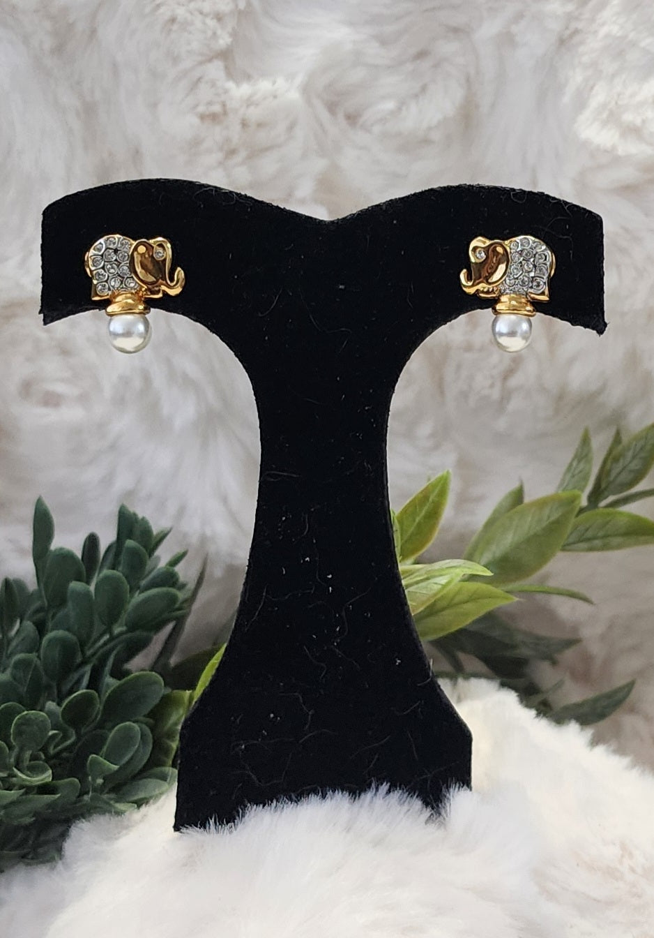 Golden Elephant Stud Earrings with Rhinestones and Pearls