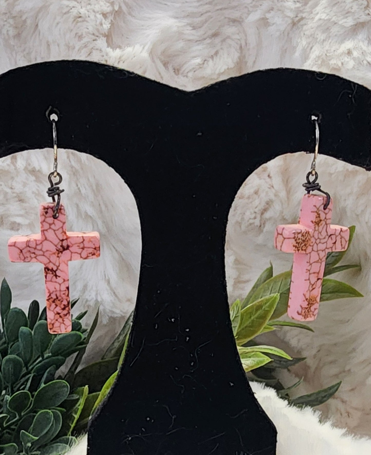 Rustic Light Pink Cross Earrings