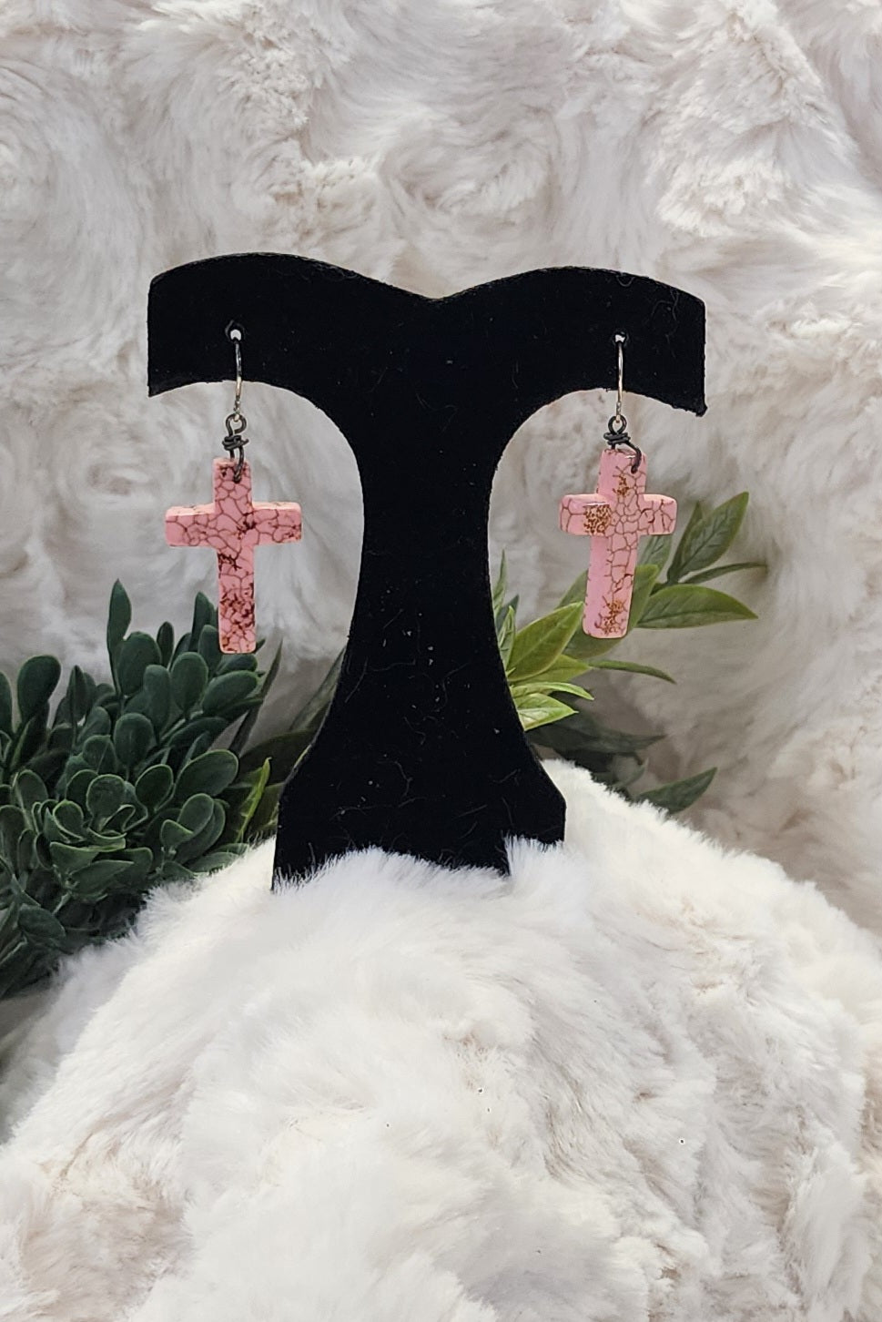 Rustic Light Pink Cross Earrings