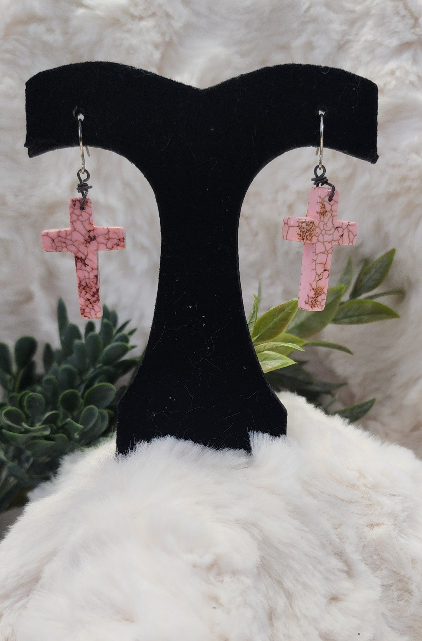 Rustic Light Pink Cross Earrings