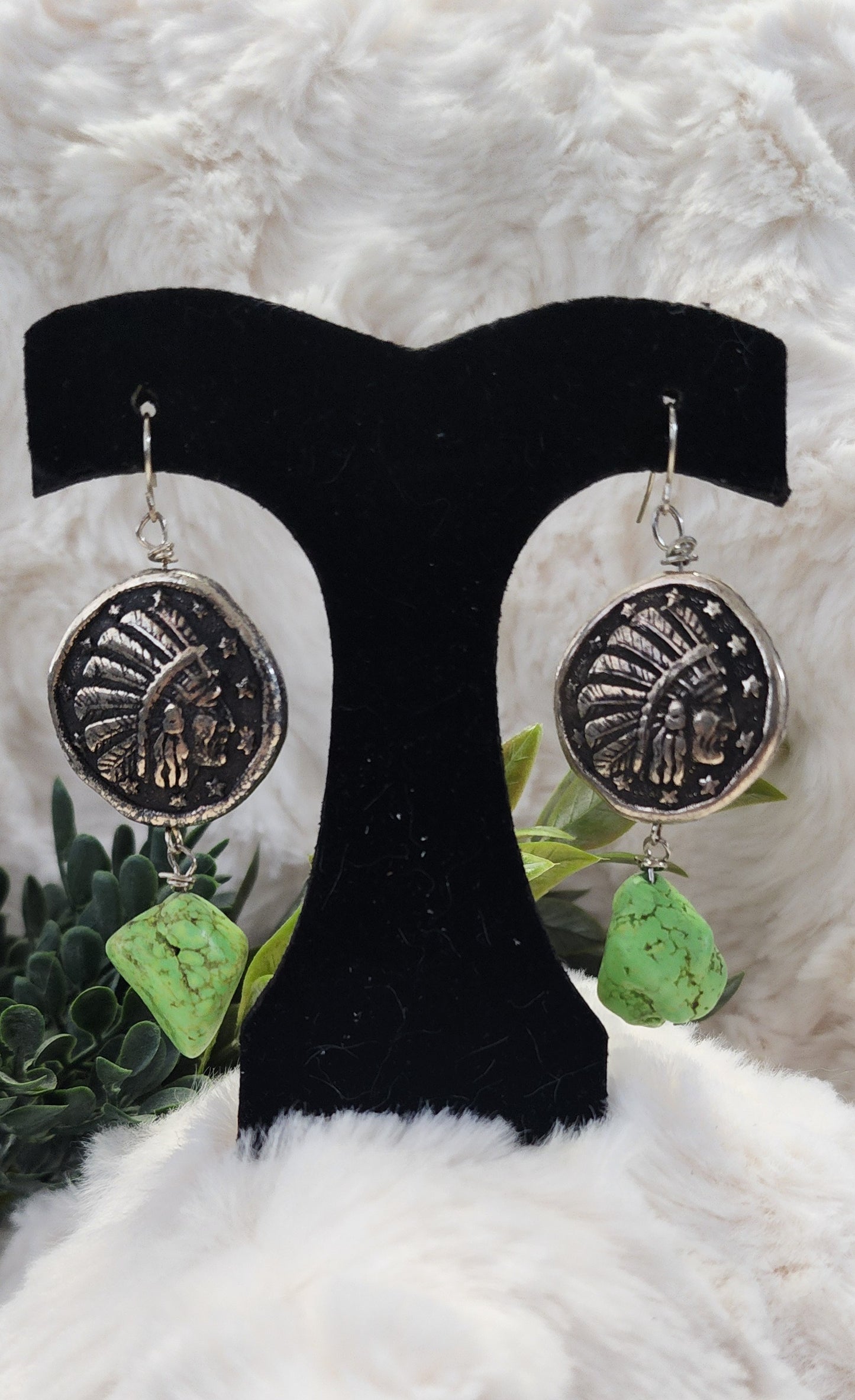 Indian Head and Lime-Colored Stone Earrings