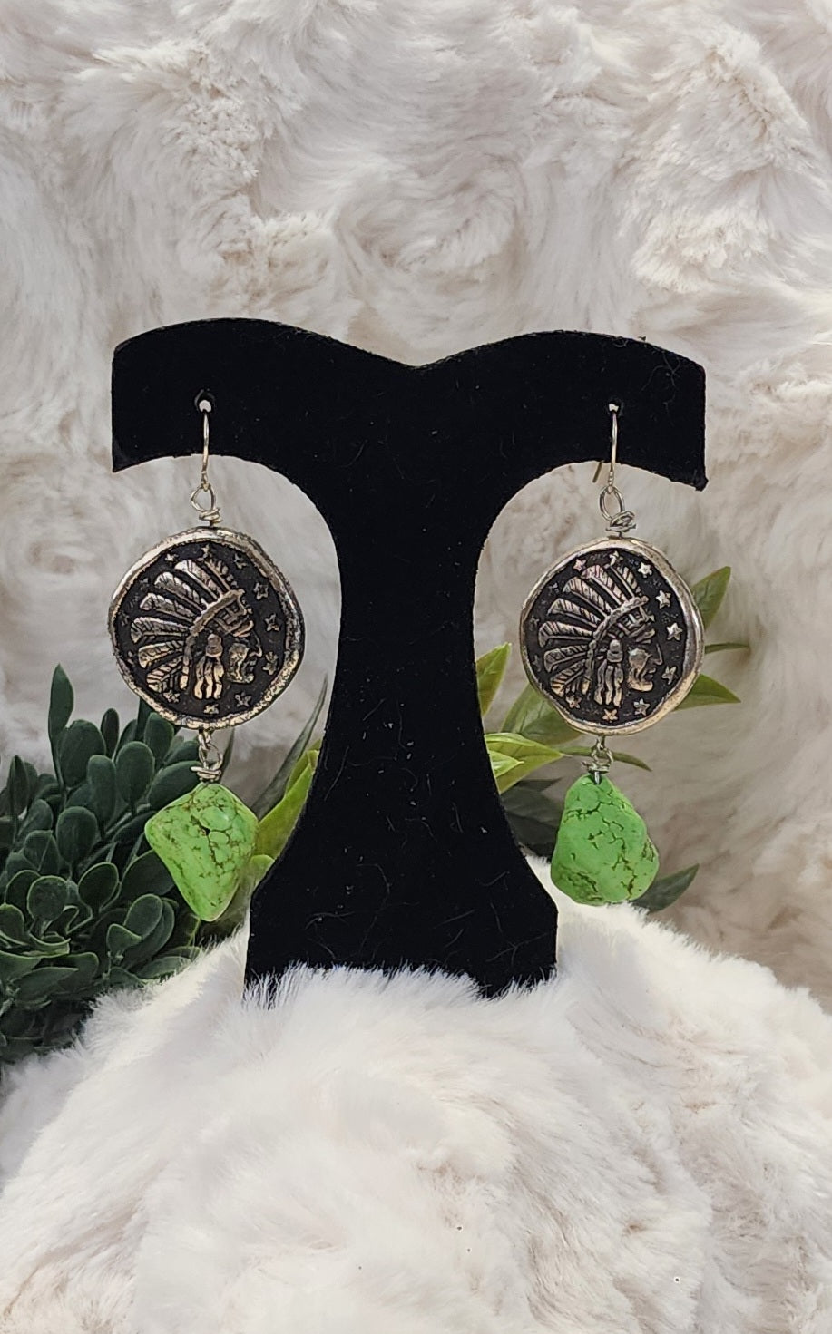 Indian Head and Lime-Colored Stone Earrings