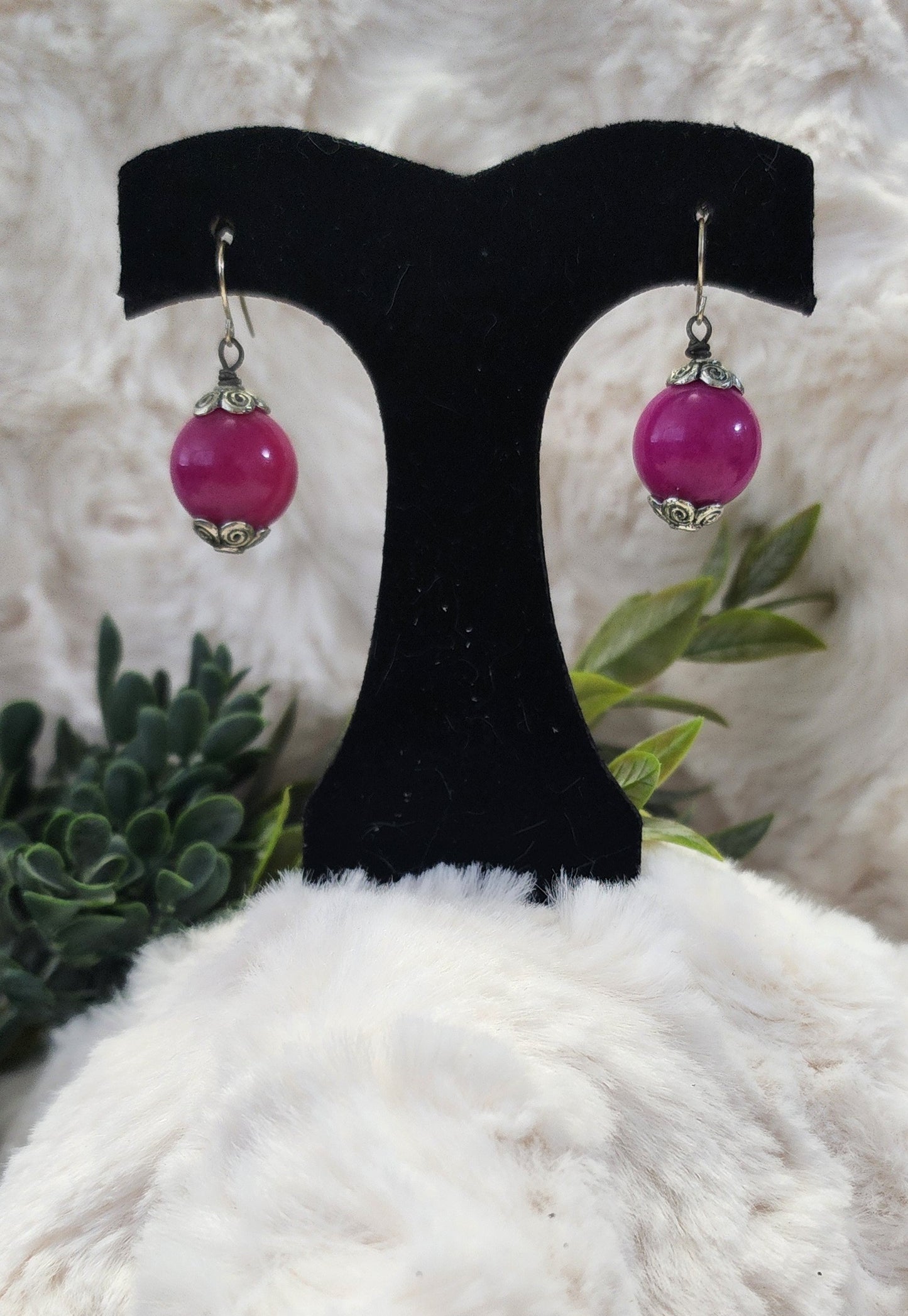 Dark Pink Silver Accented Bead Earrings