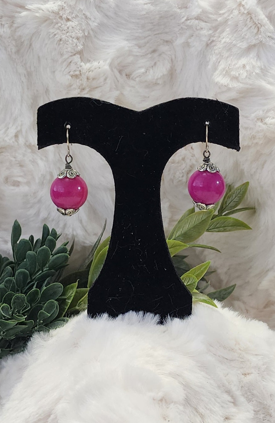 Dark Pink Silver Accented Bead Earrings
