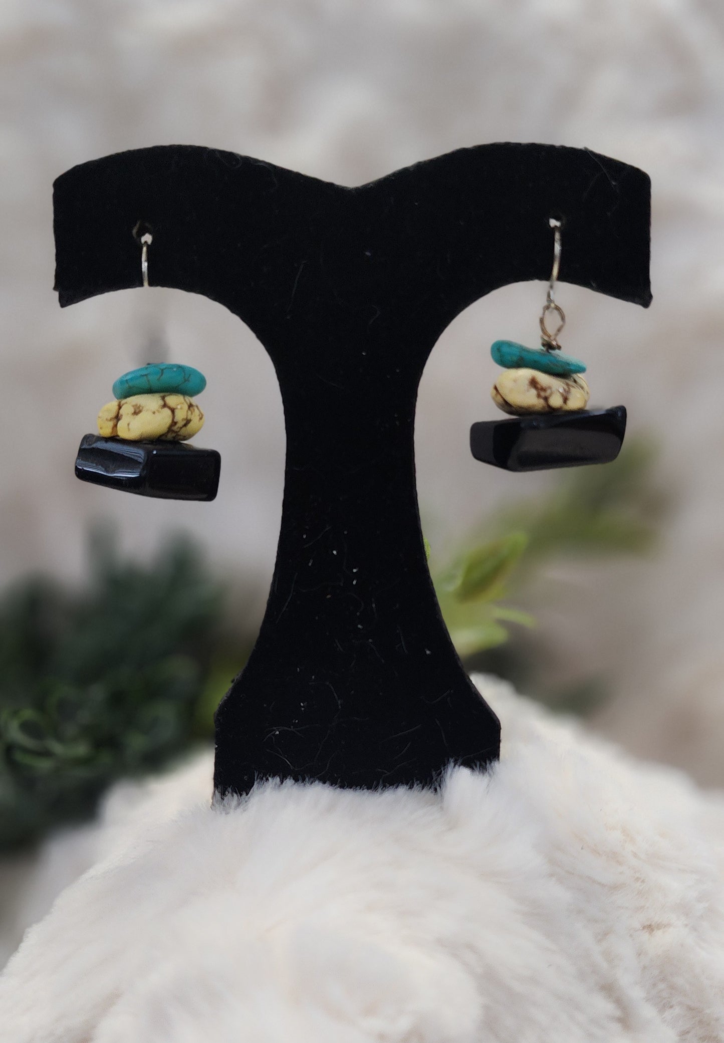 Turquoise, Yellow and Black Stacked Stone Earrings