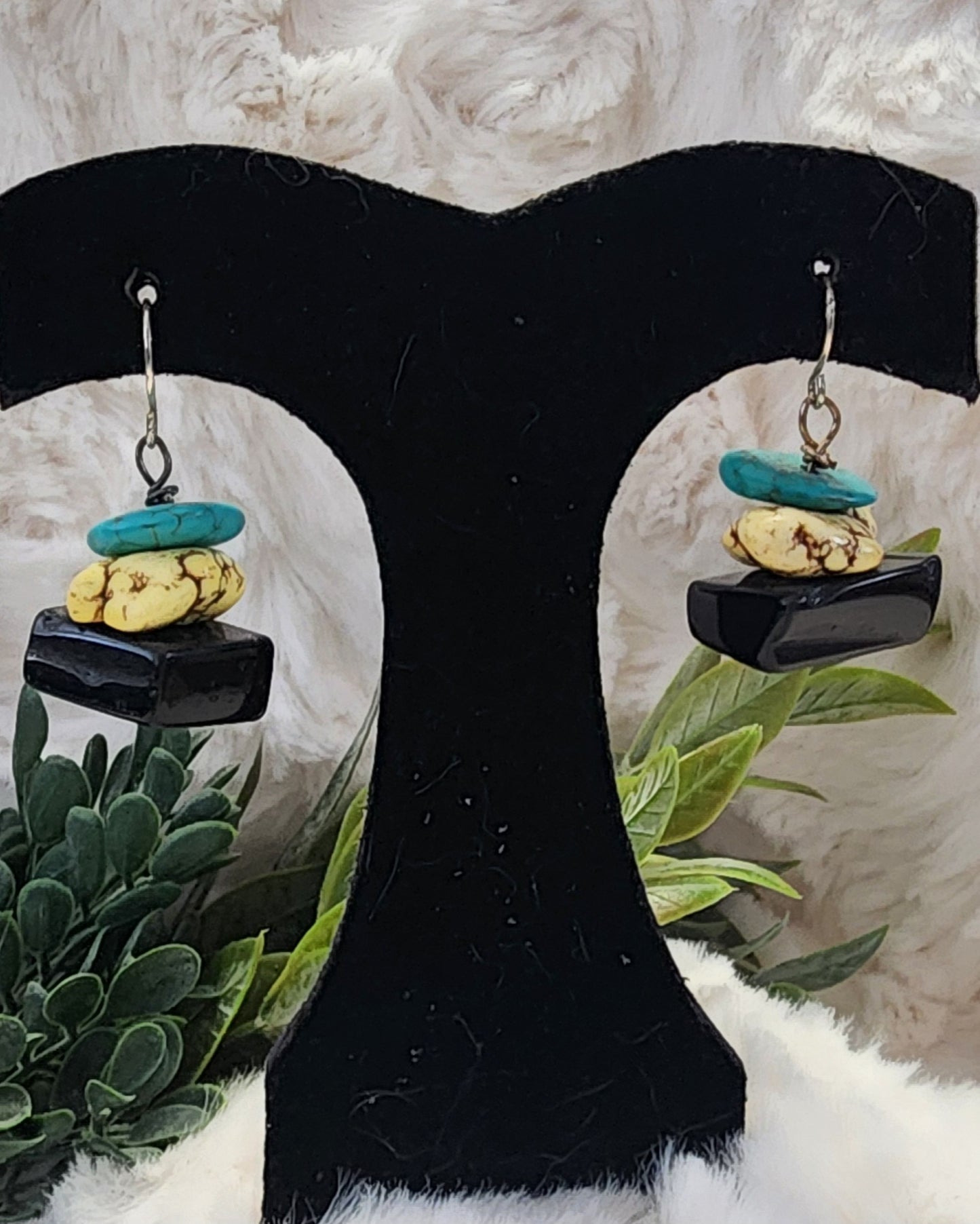 Turquoise, Yellow and Black Stacked Stone Earrings