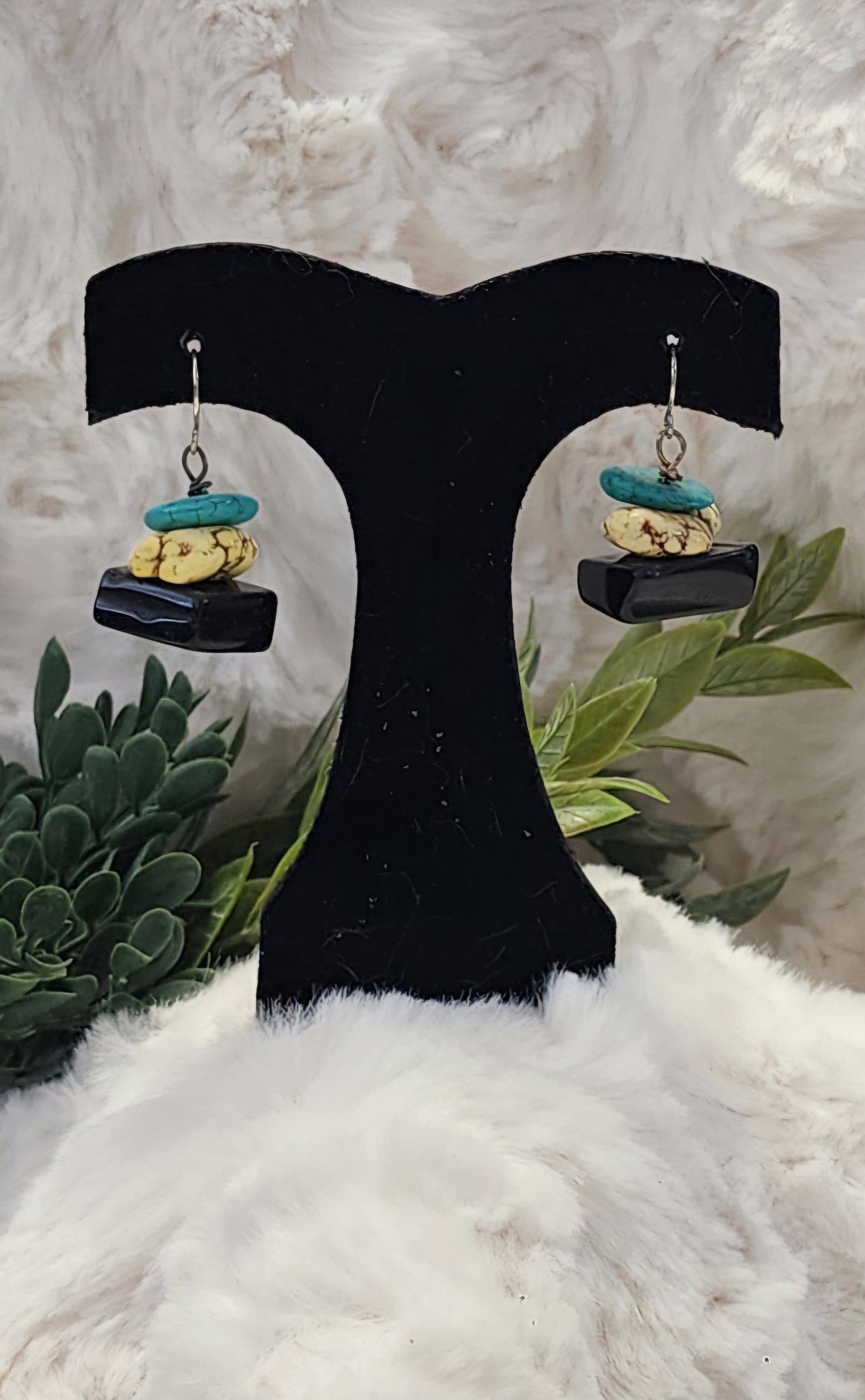 Turquoise, Yellow and Black Stacked Stone Earrings