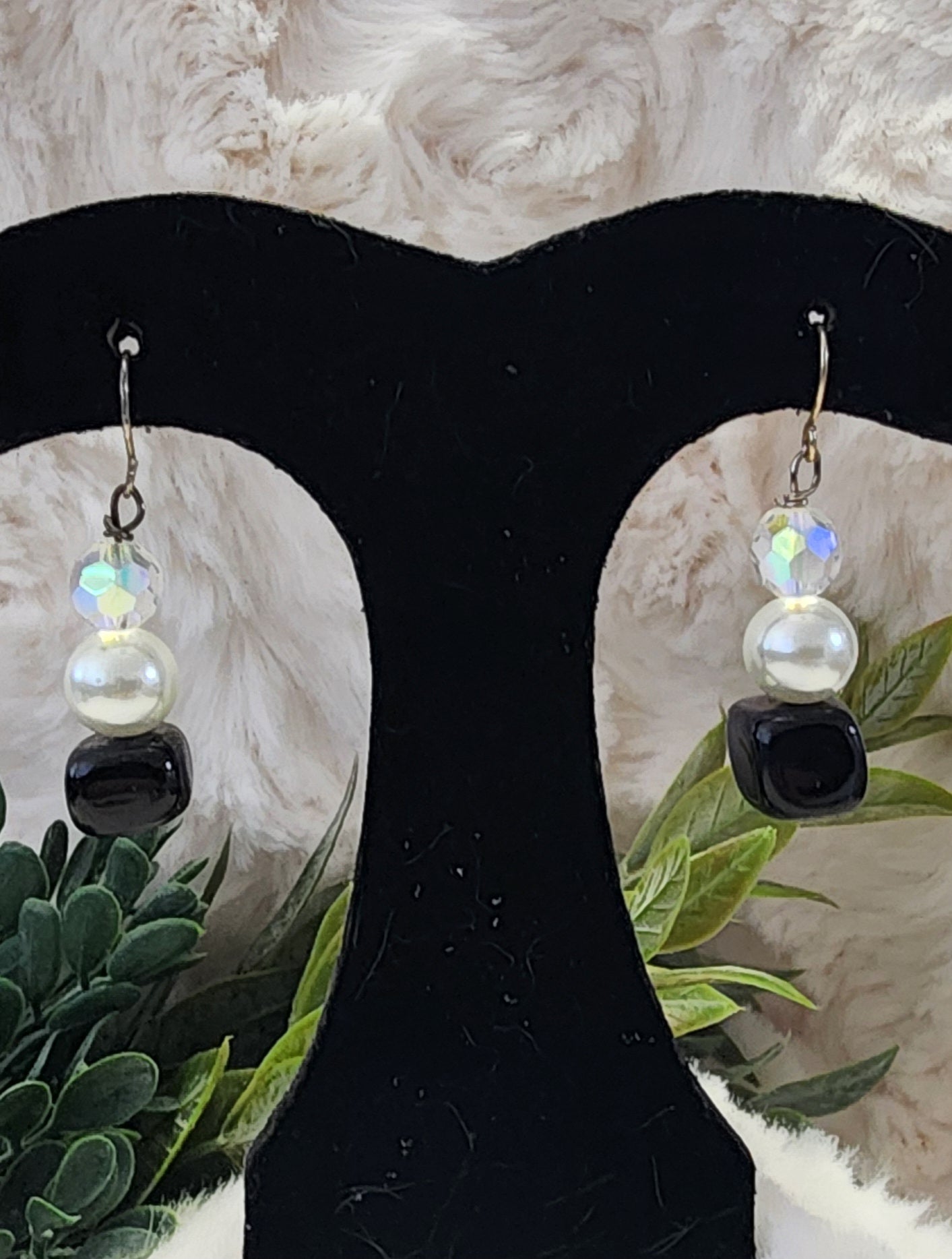 Black, White and Iridescent Beaded Earrings