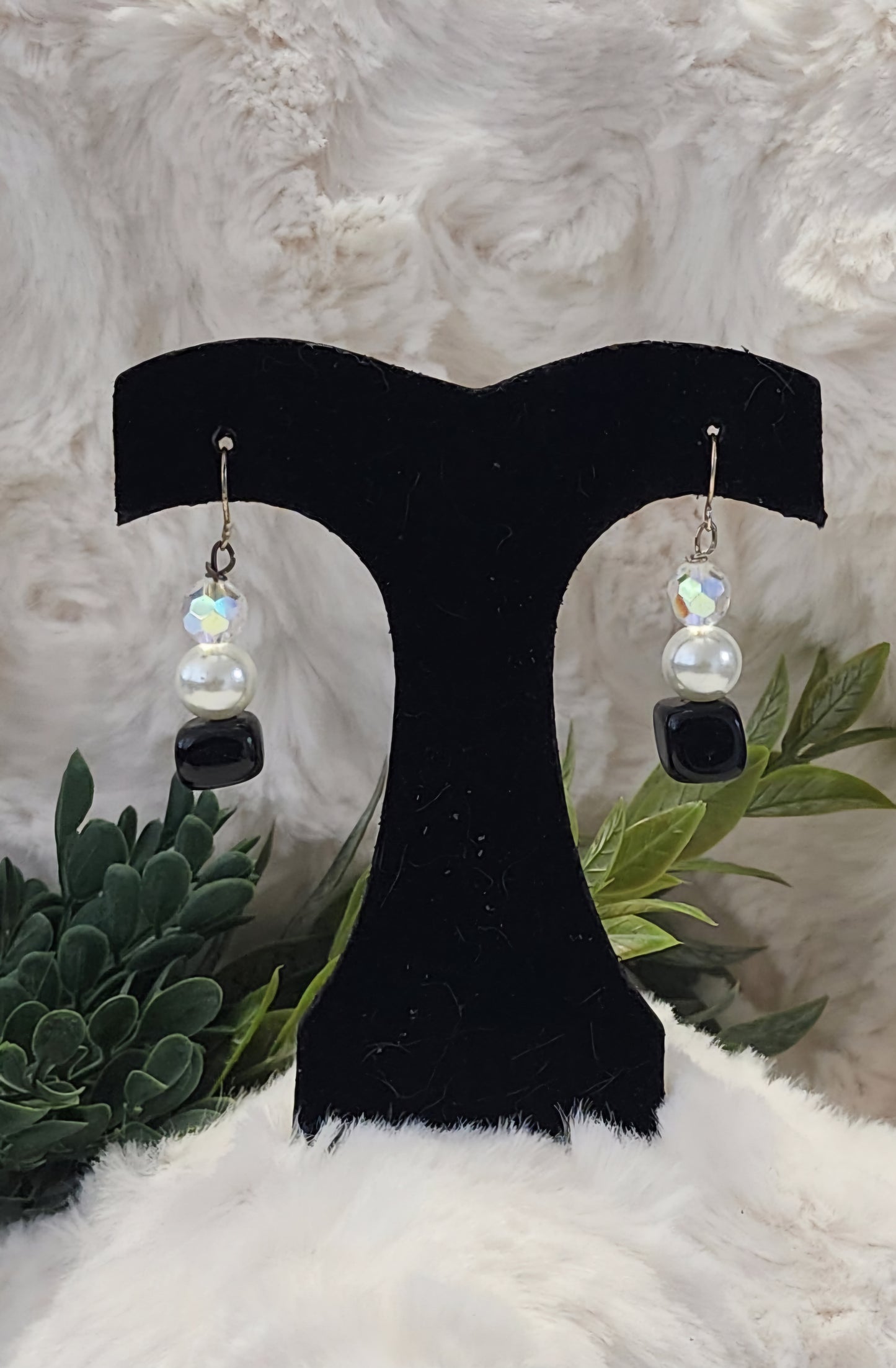 Black, White and Iridescent Beaded Earrings