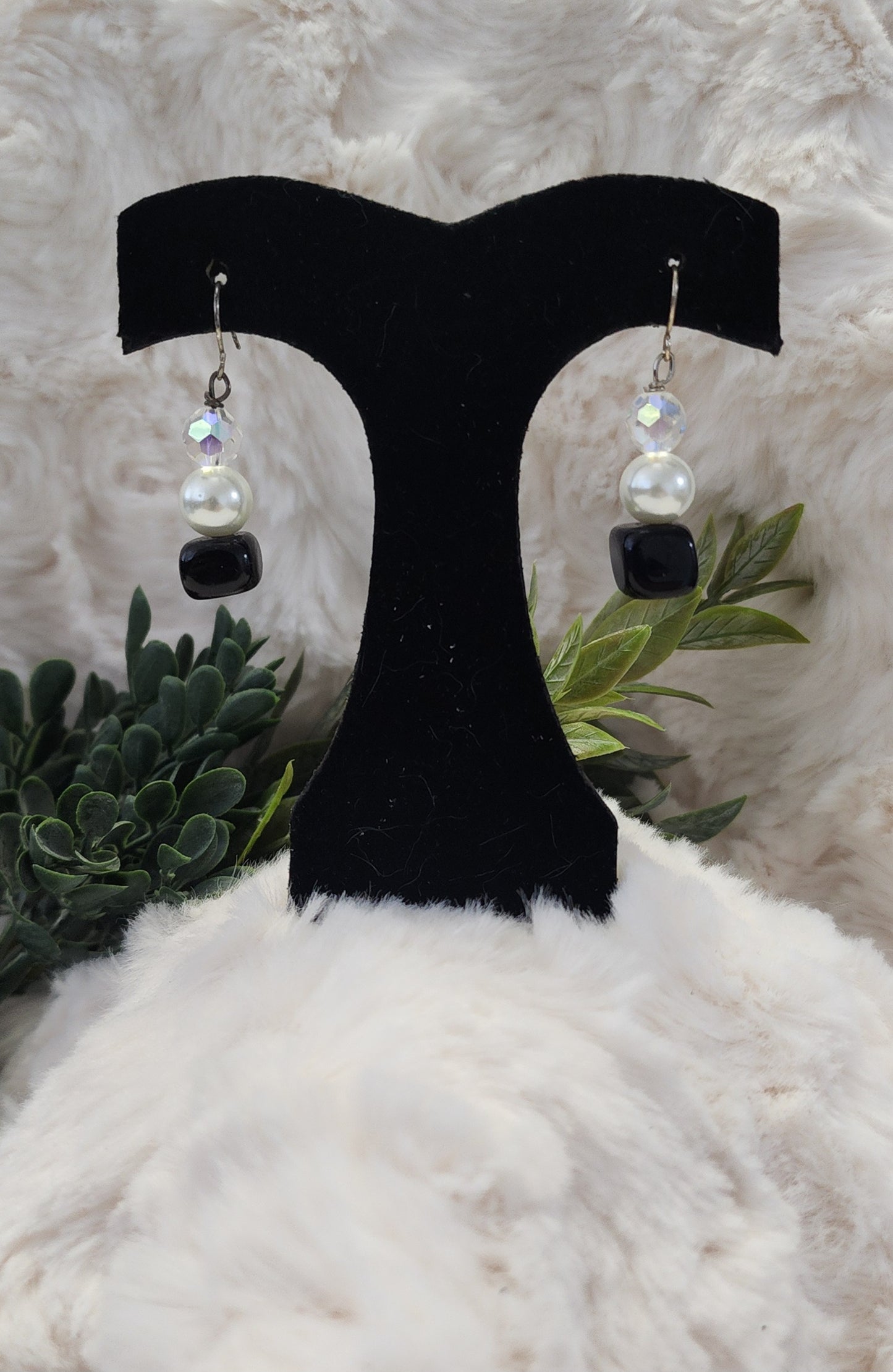 Black, White and Iridescent Beaded Earrings