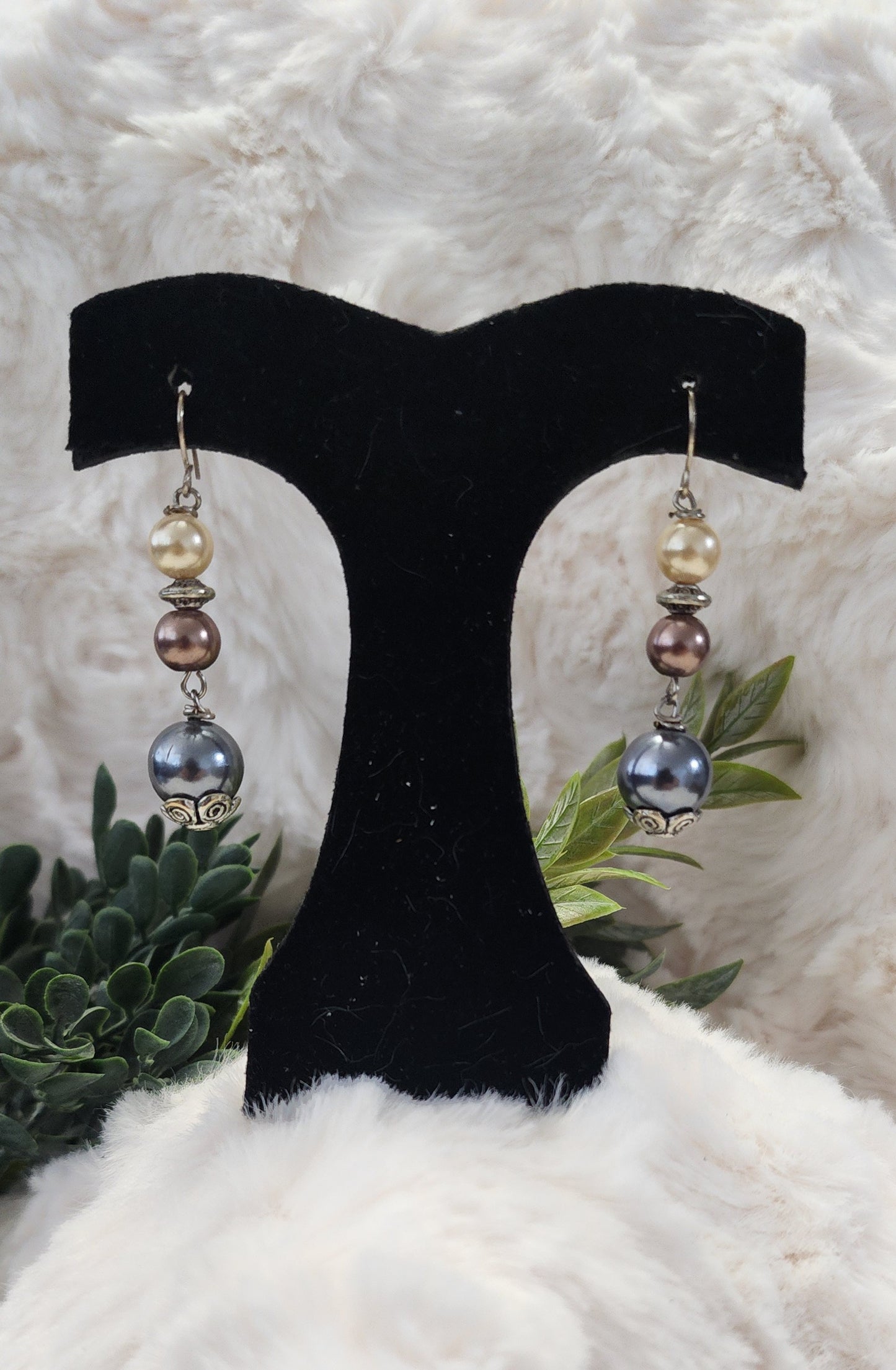 Cream, Brown and Dark grey Beaded Earrings with Silver-Colored Accents