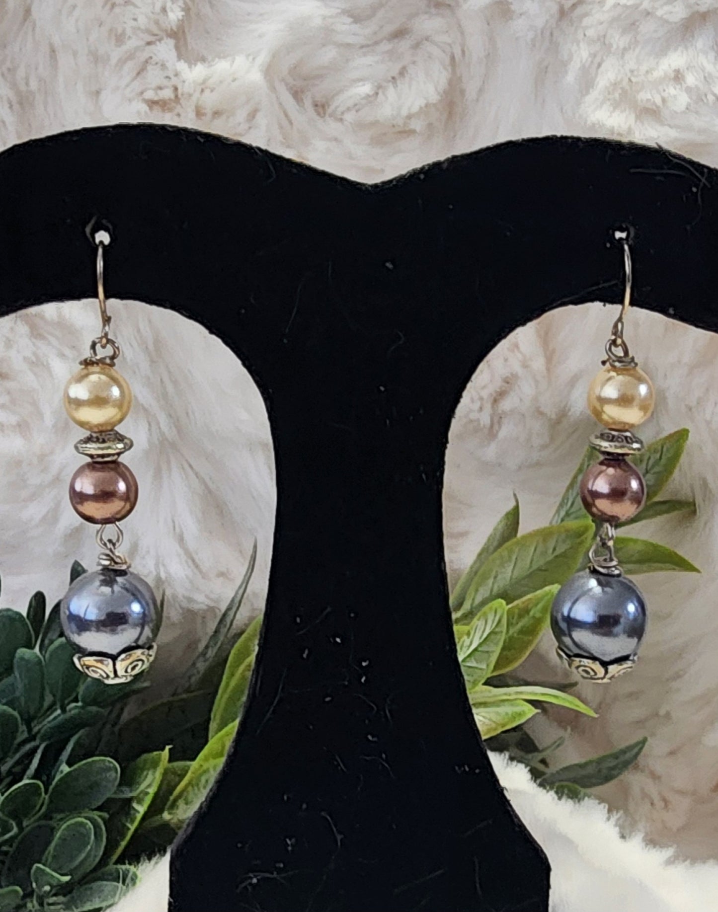 Cream, Brown and Dark grey Beaded Earrings with Silver-Colored Accents