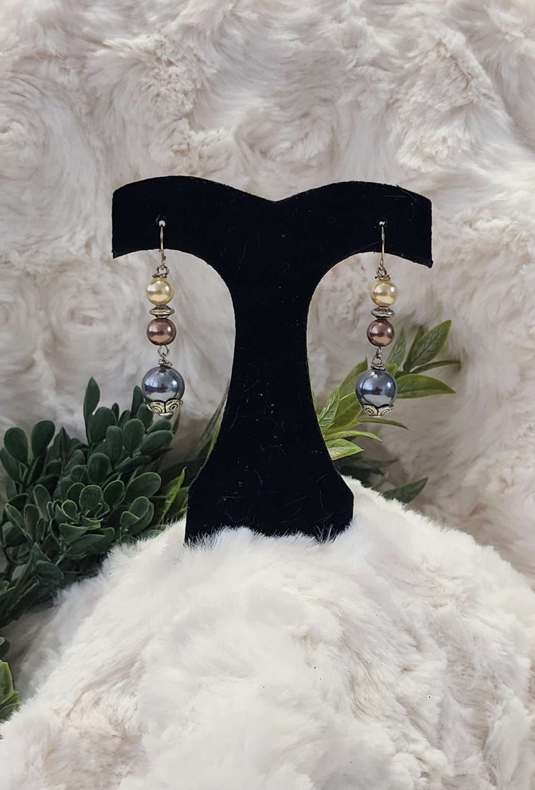 Cream, Brown and Dark grey Beaded Earrings with Silver-Colored Accents